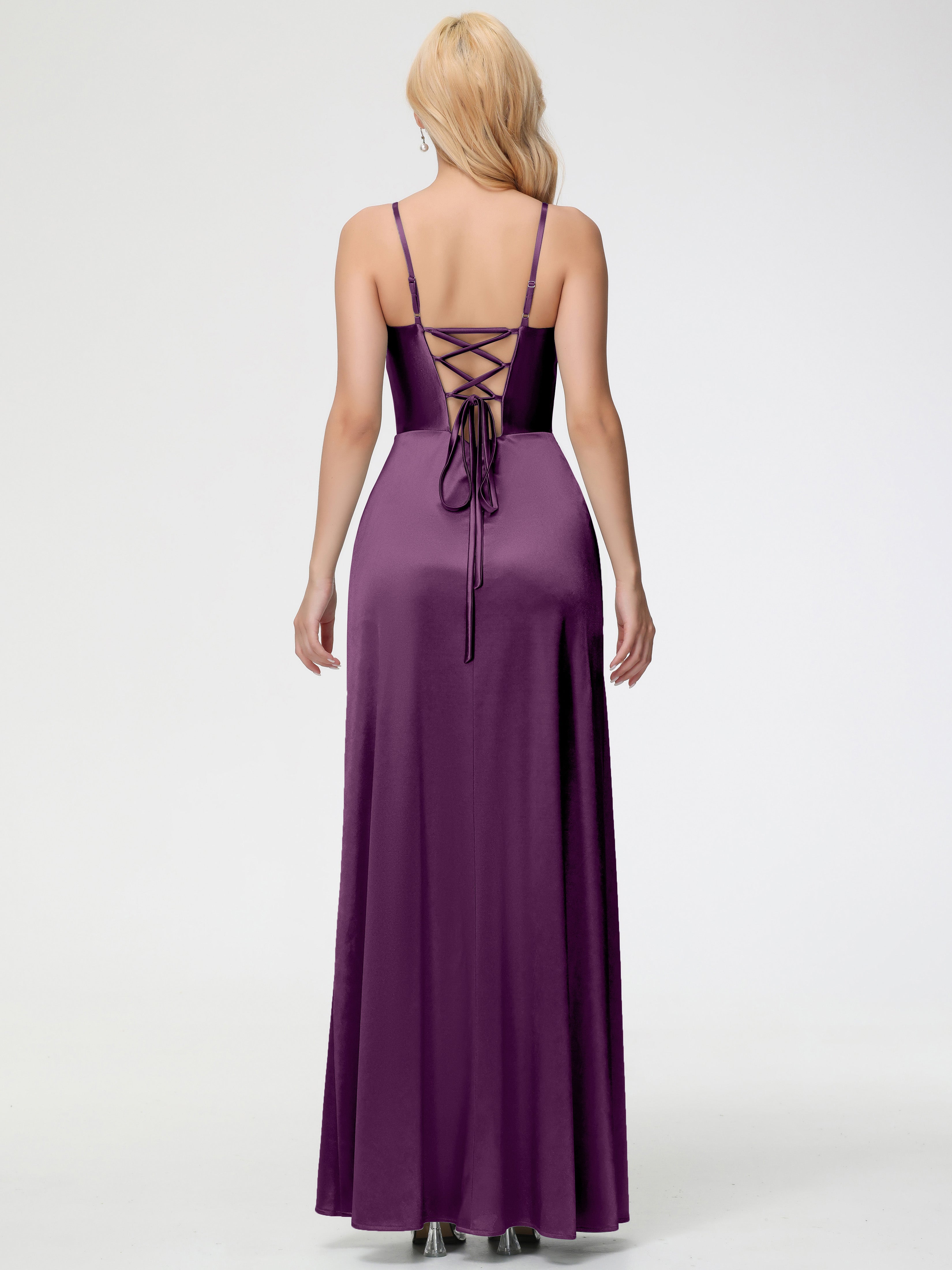 Robes De Demoiselle D'Honneur En Raisin Col V Bretelles Spaghetti Fendue Satin Extensible Robe De Demoiselle D'Honneur Robe Plissée