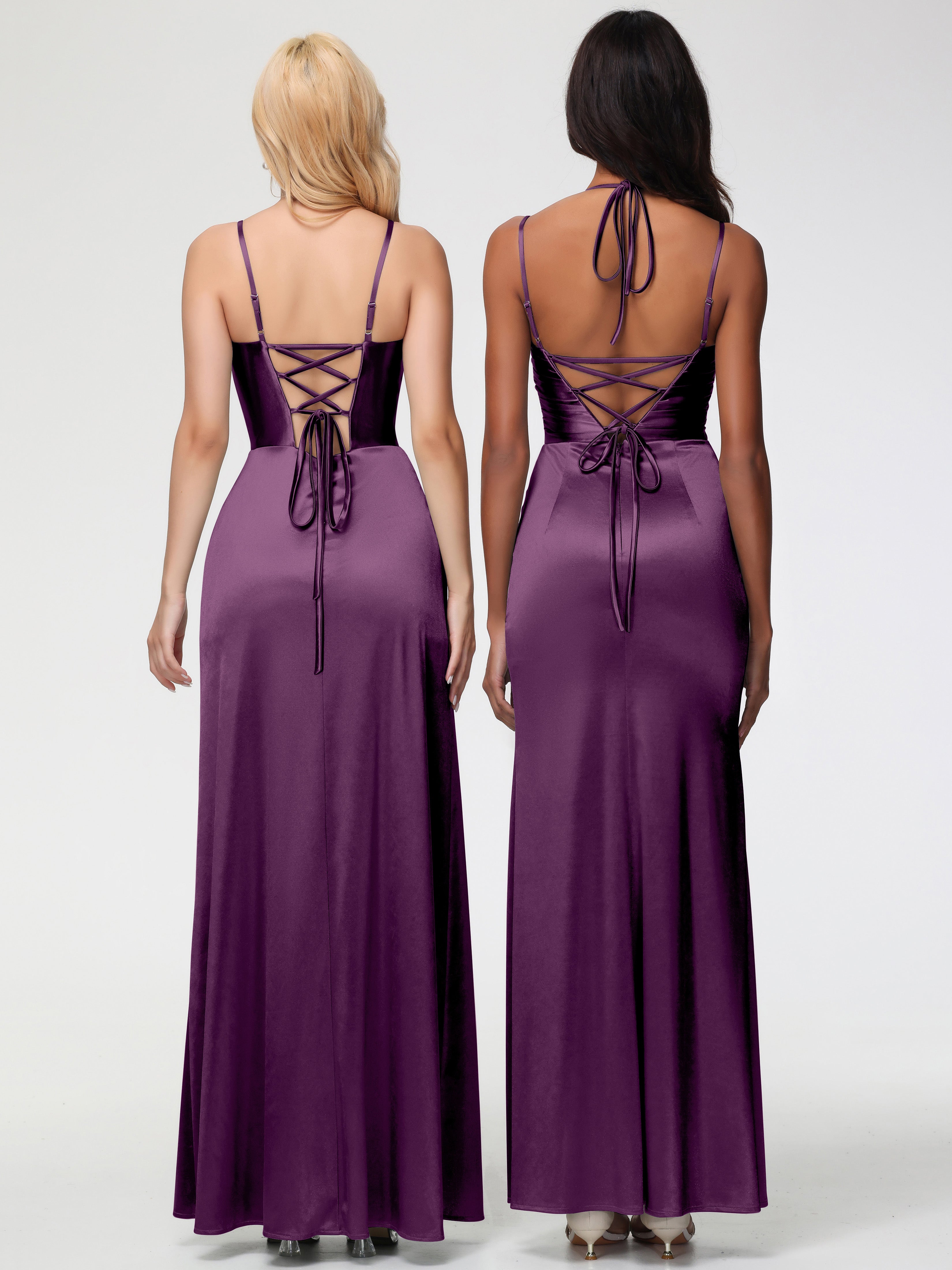 Robes De Demoiselle D'Honneur En Raisin Col V Bretelles Spaghetti Fendue Satin Extensible Robe De Demoiselle D'Honneur Robe Plissée