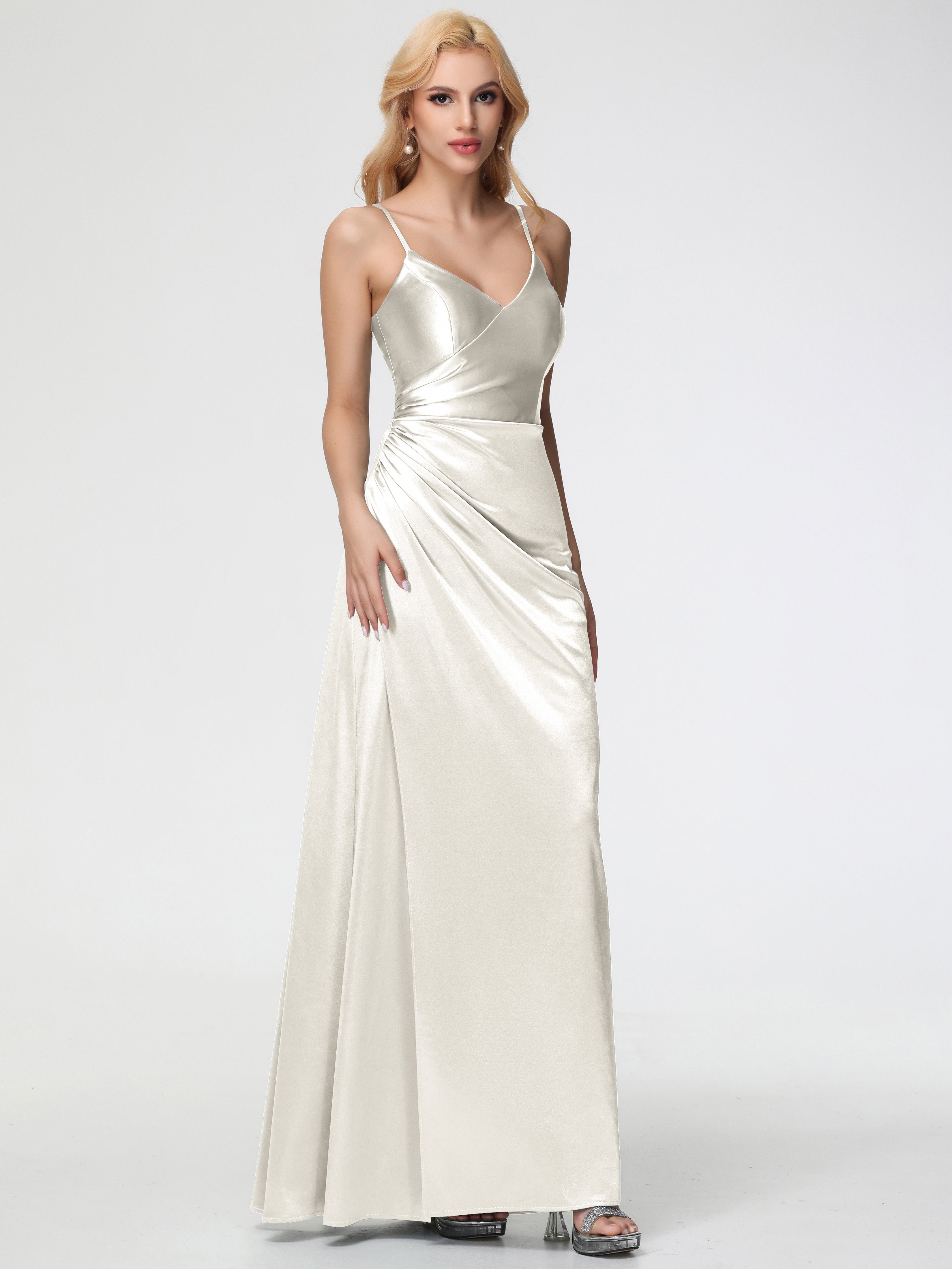 Robes De Demoiselle D'Honneur Ivoire Col V Bretelles Spaghetti Fendue Satin Extensible Robe De Demoiselle D'Honneur Robe Plissée