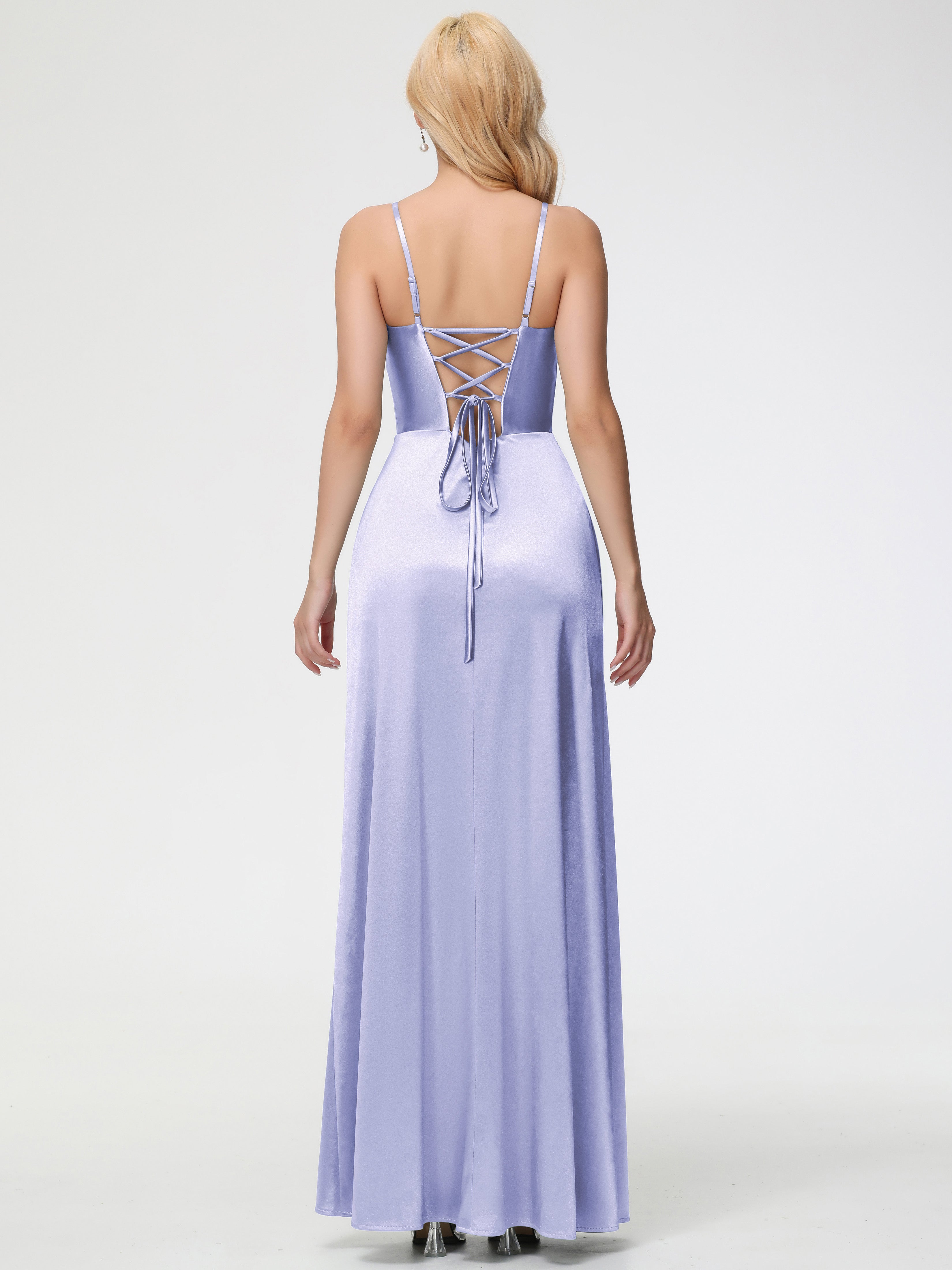 Robe De Demoiselle D'Honneur Lavande Col V Bretelles Spaghetti Fendue Satin Extensible Robe De Demoiselle D'Honneur Robe Plissée