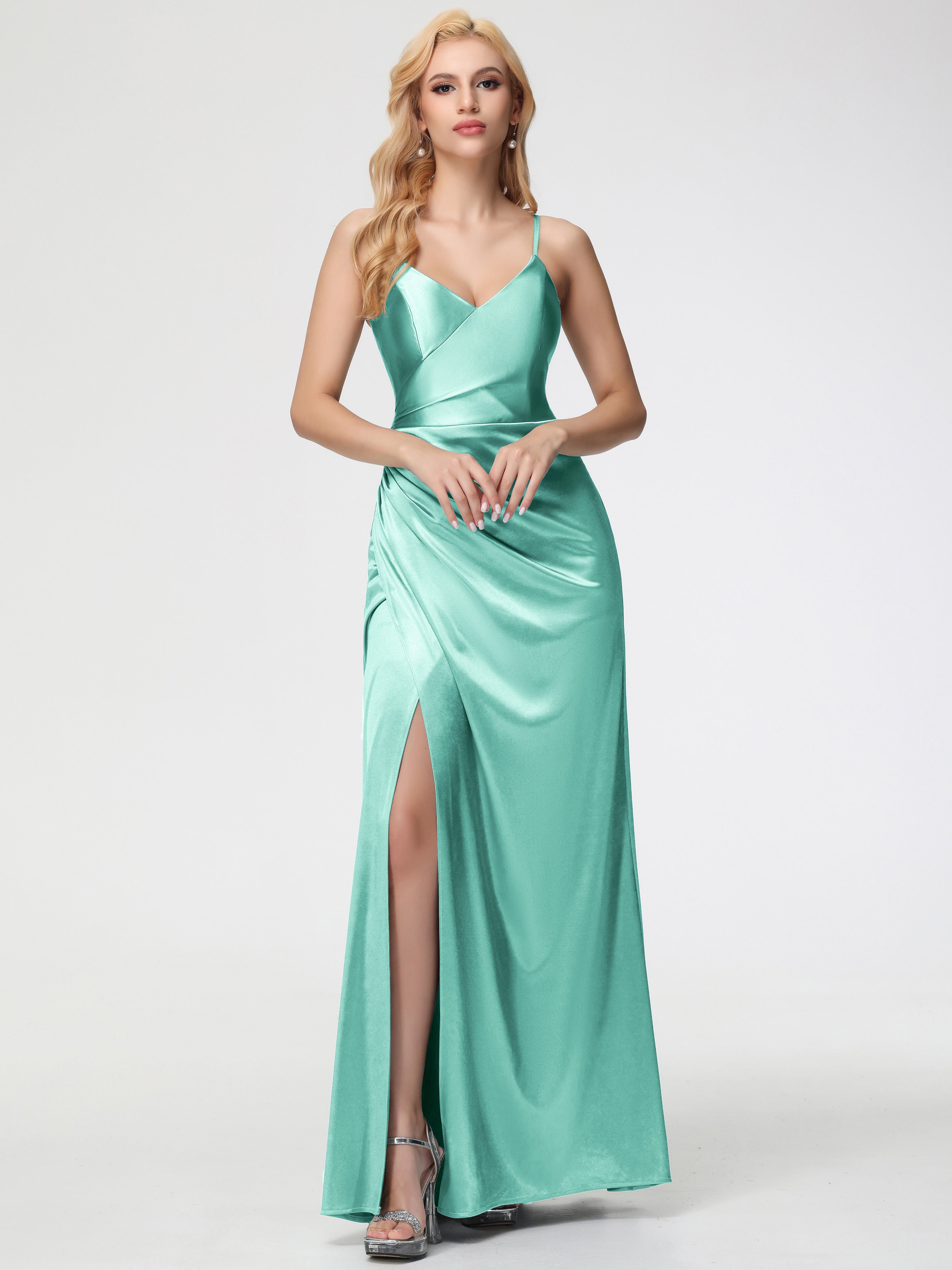 Robes De Demoiselle D'Honneur Vert Menthe Col V Bretelles Spaghetti Fendue Satin Extensible Robe De Demoiselle D'Honneur Robe Plissée