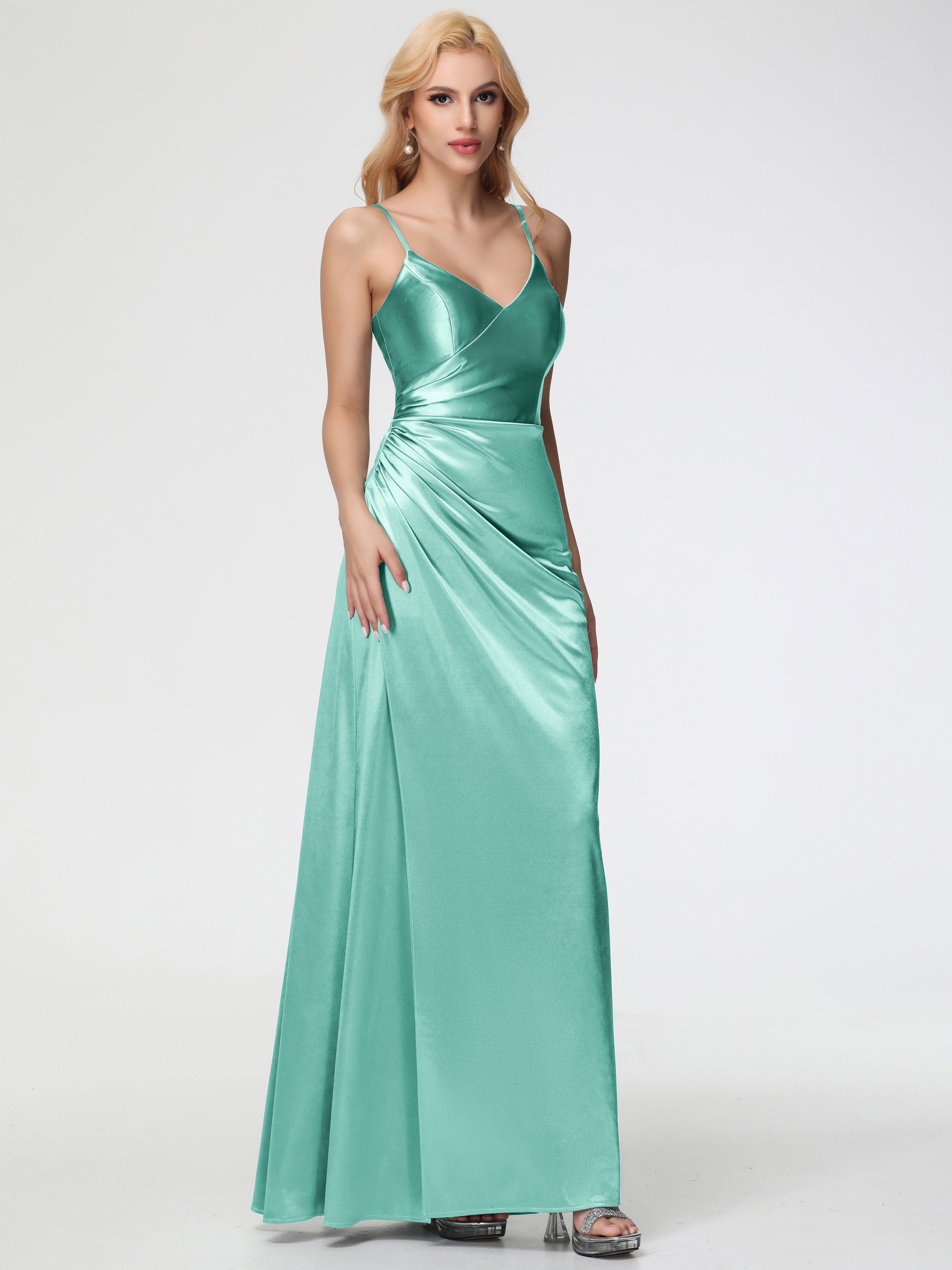 Robes De Demoiselle D'Honneur Vert Menthe Col V Bretelles Spaghetti Fendue Satin Extensible Robe De Demoiselle D'Honneur Robe Plissée