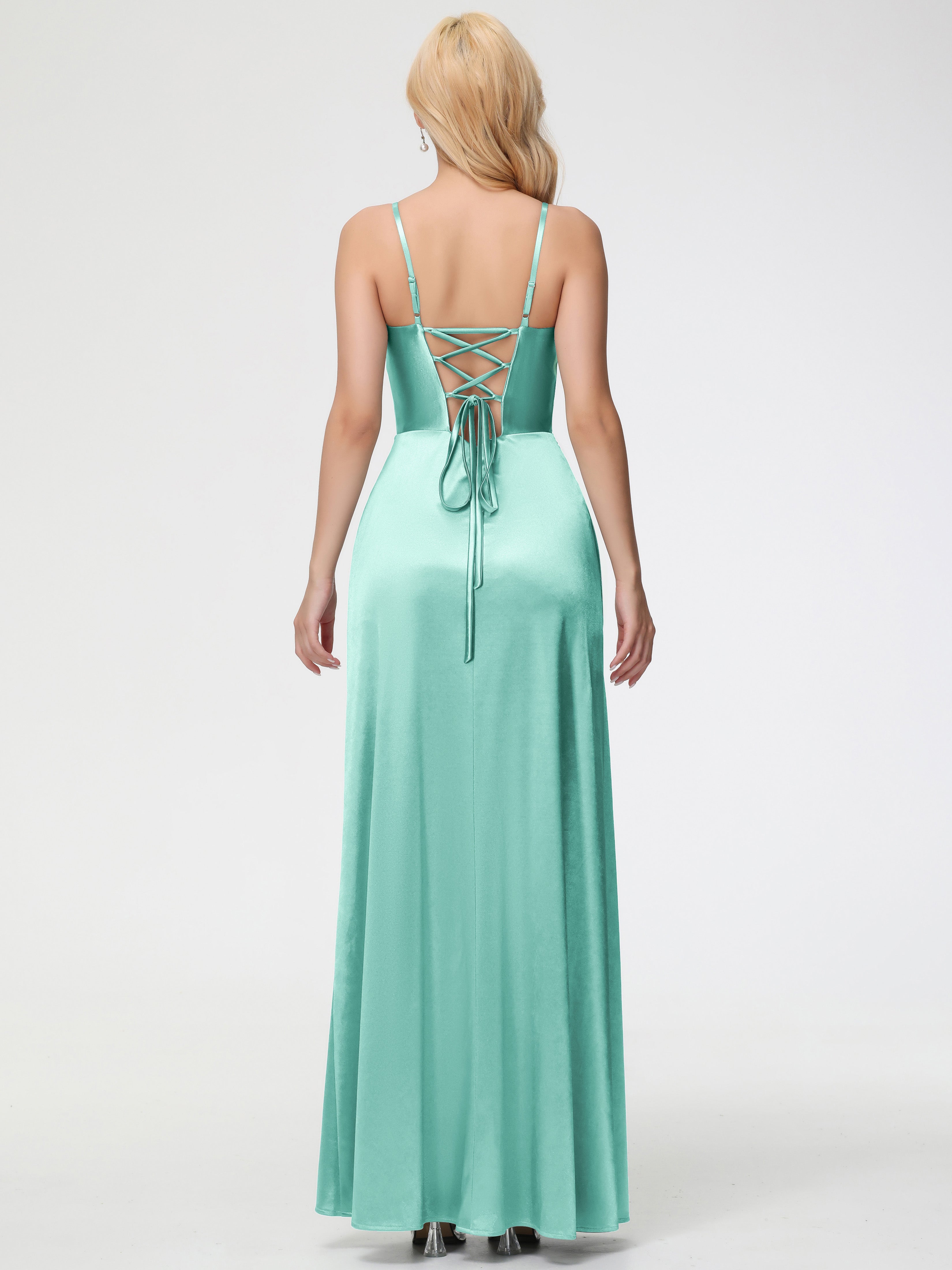 Robes De Demoiselle D'Honneur Vert Menthe Col V Bretelles Spaghetti Fendue Satin Extensible Robe De Demoiselle D'Honneur Robe Plissée
