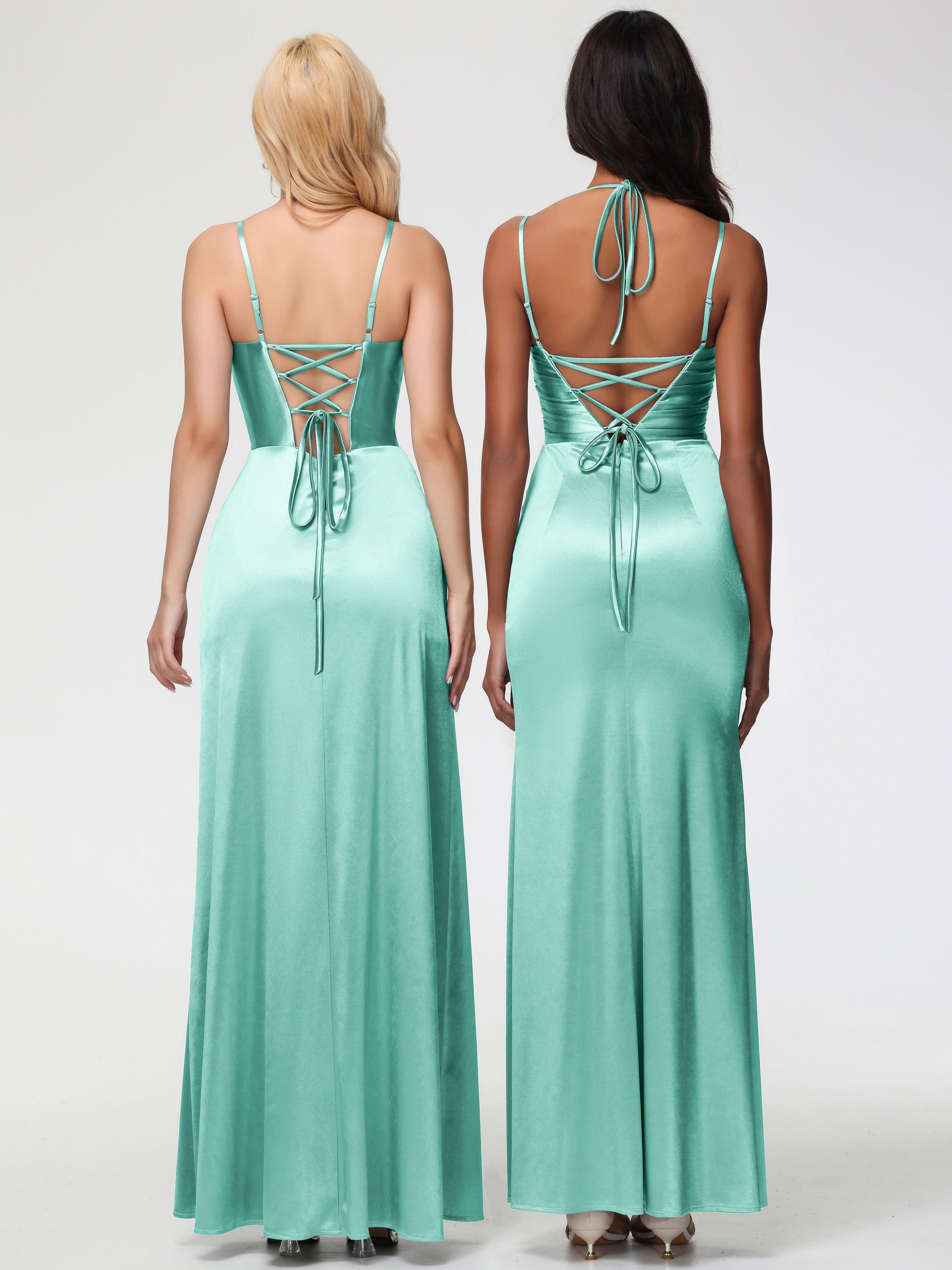 Robes De Demoiselle D'Honneur Vert Menthe Col V Bretelles Spaghetti Fendue Satin Extensible Robe De Demoiselle D'Honneur Robe Plissée