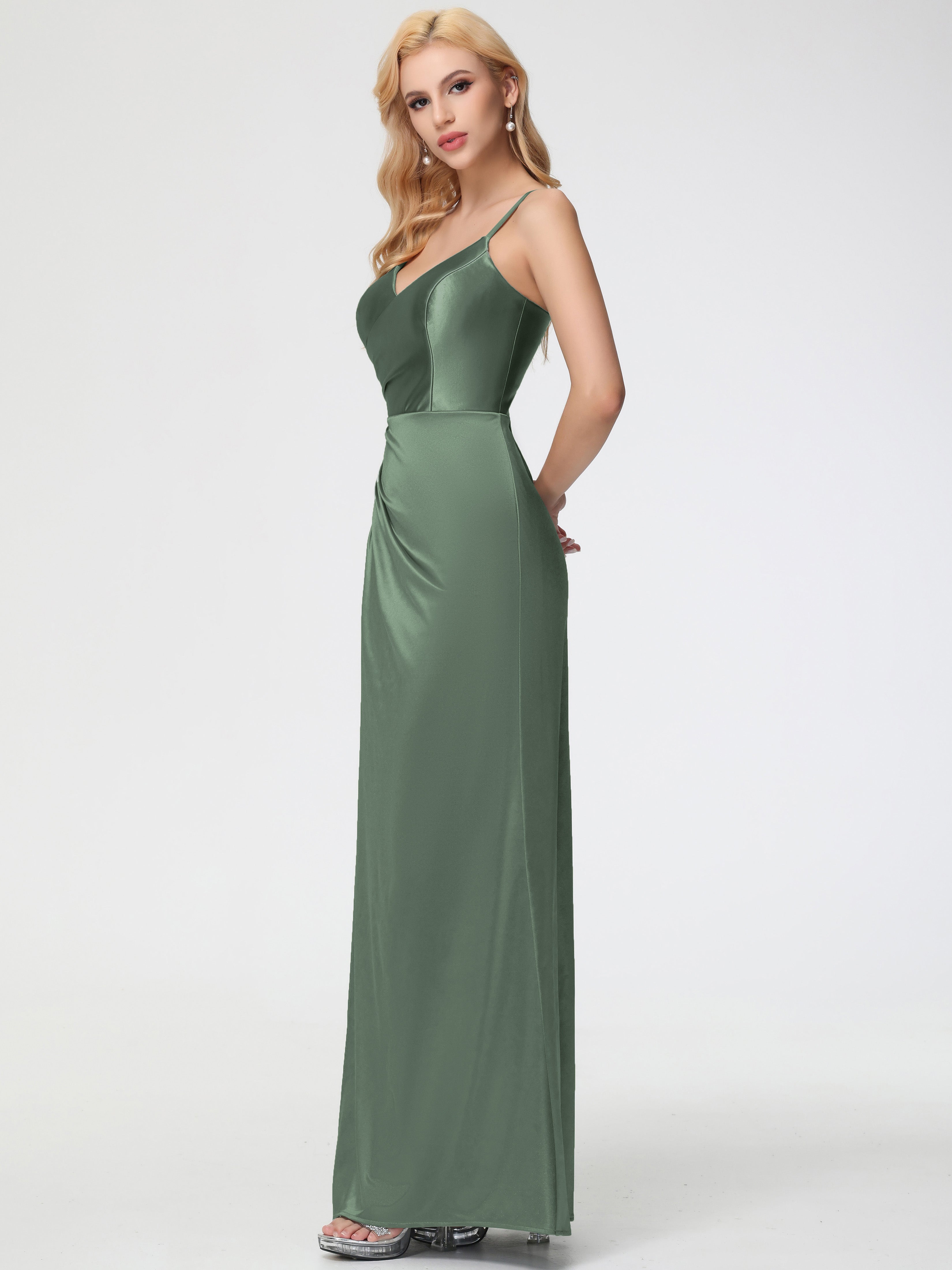 Robes De Demoiselle D'Honneur Olive Col V Bretelles Spaghetti Fendue Satin Extensible Robe De Demoiselle D'Honneur Robe Plissée