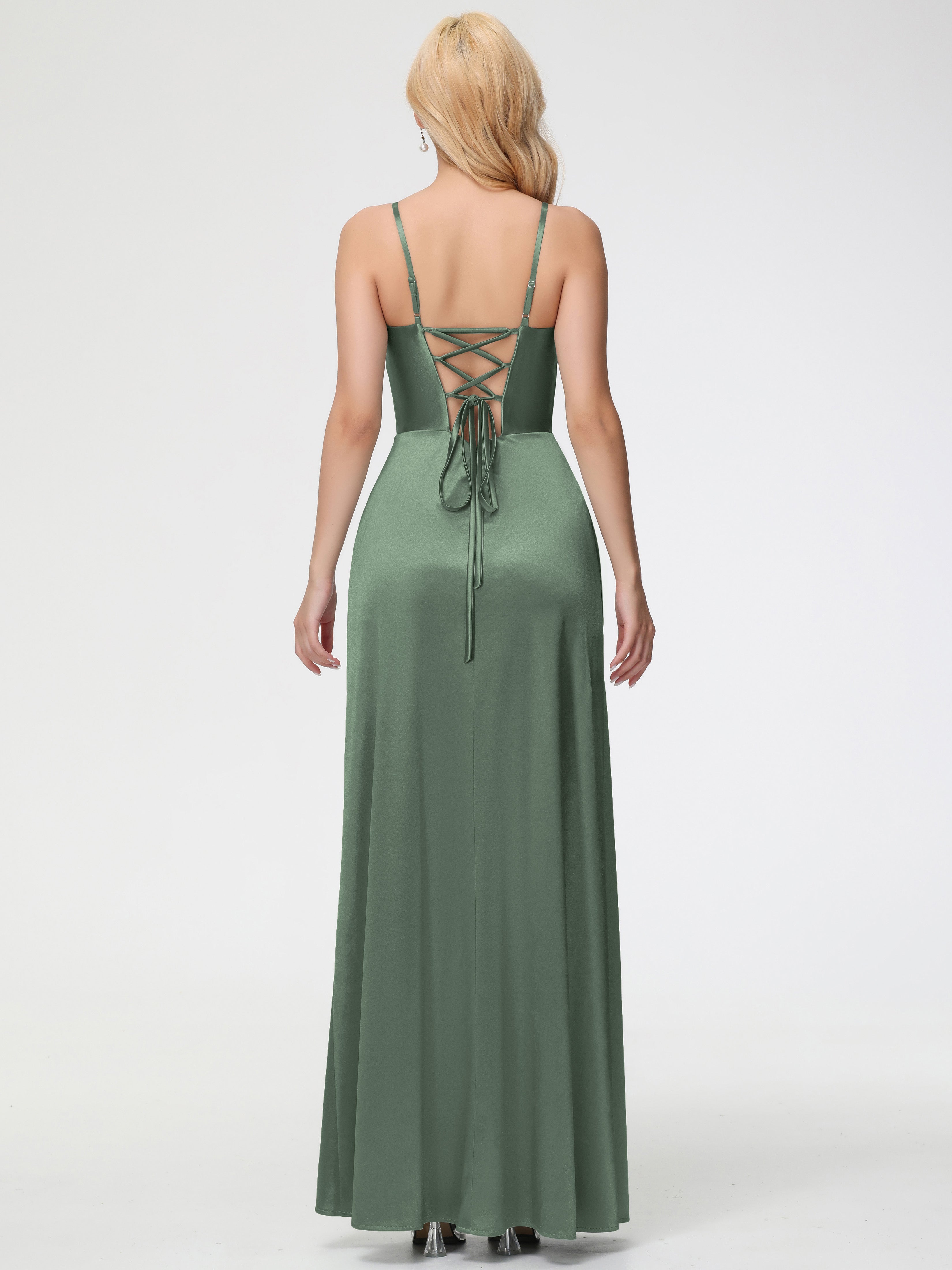 Robes De Demoiselle D'Honneur Olive Col V Bretelles Spaghetti Fendue Satin Extensible Robe De Demoiselle D'Honneur Robe Plissée