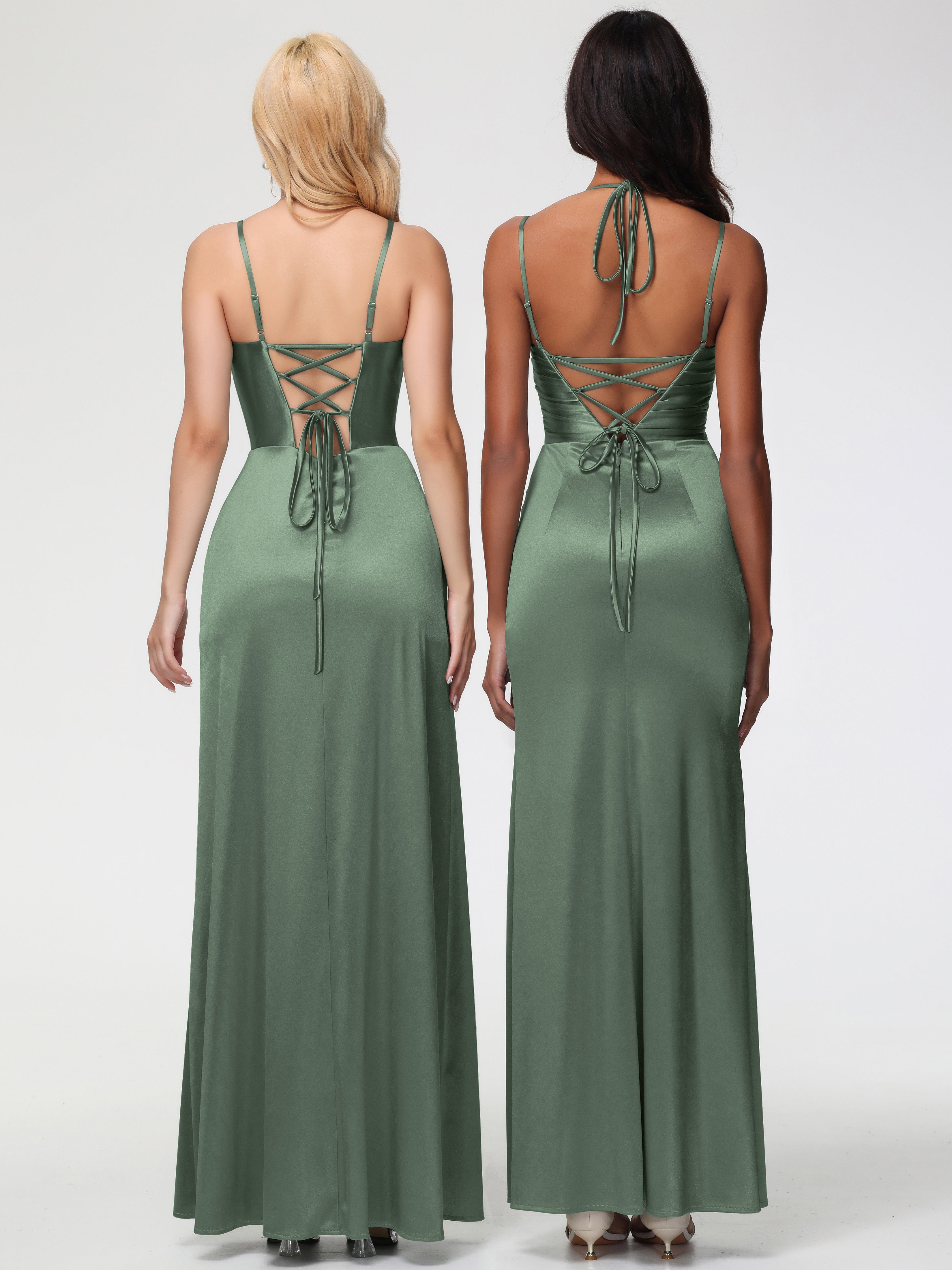 Robes De Demoiselle D'Honneur Olive Col V Bretelles Spaghetti Fendue Satin Extensible Robe De Demoiselle D'Honneur Robe Plissée