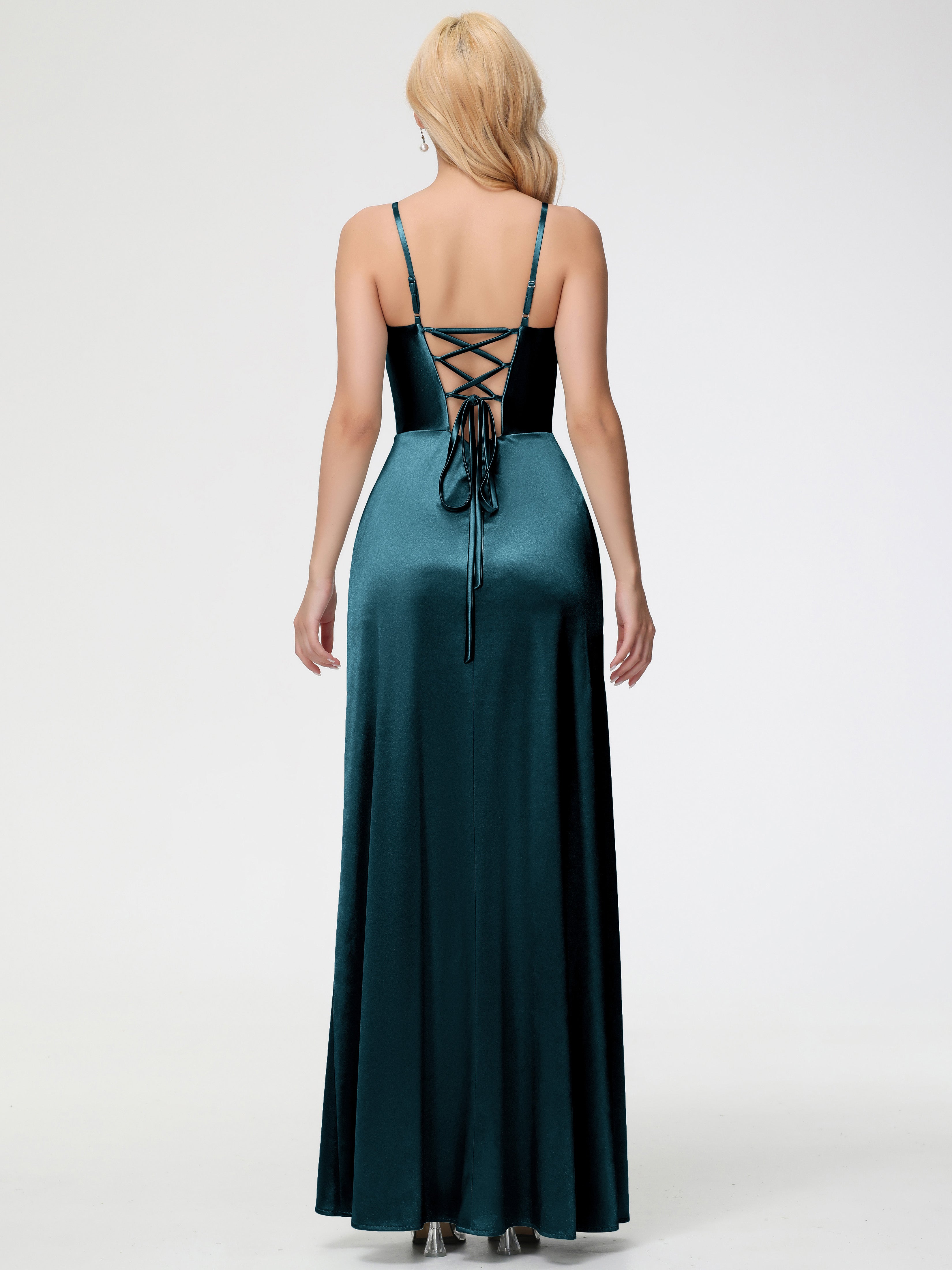 Robe De Demoiselle D'Honneur De Paon Au Sol Col V Bretelles Spaghetti Fendue Satin Extensible Robe De Demoiselle D'Honneur Robe Plissée