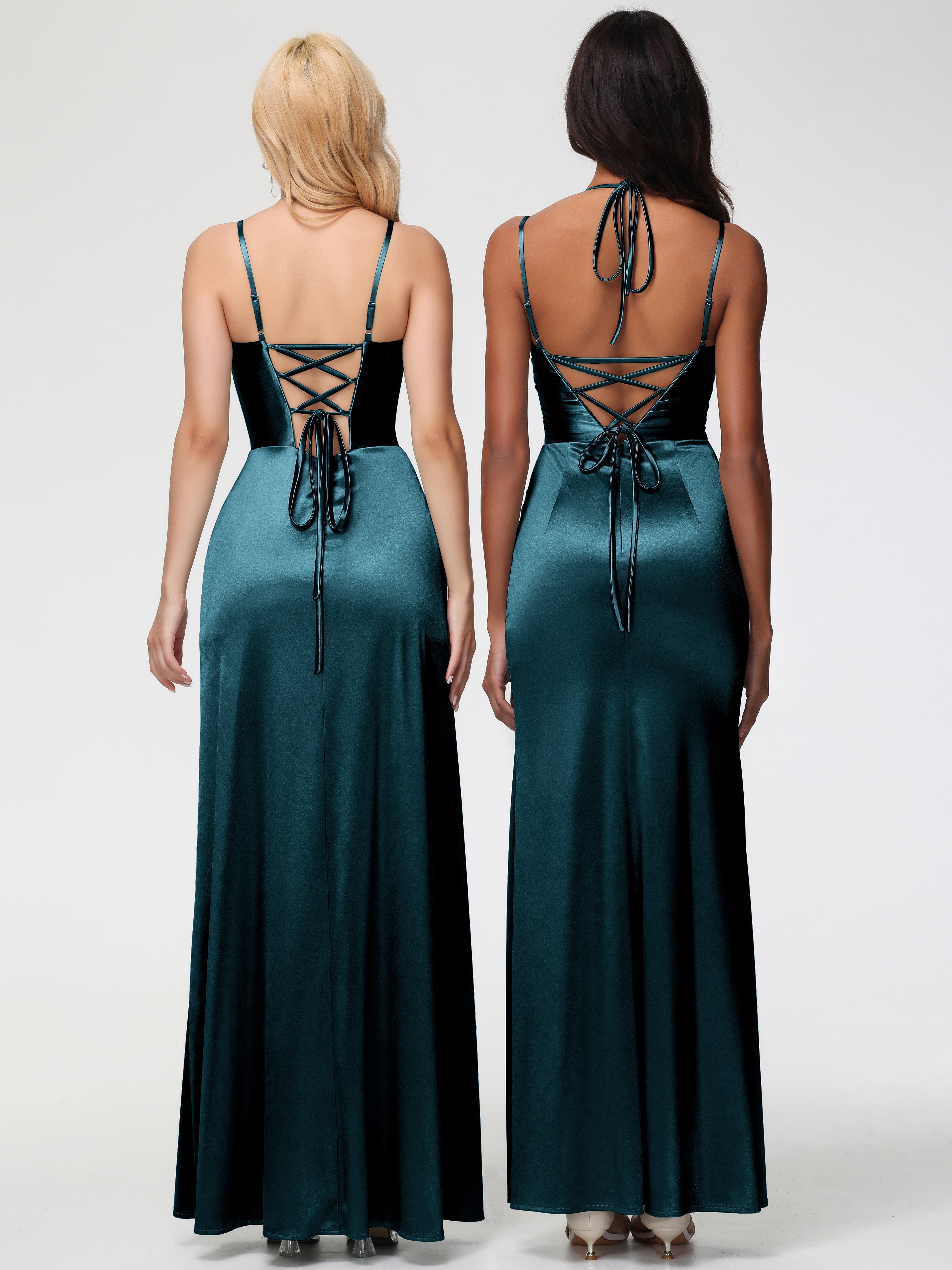 Robe De Demoiselle D'Honneur De Paon Au Sol Col V Bretelles Spaghetti Fendue Satin Extensible Robe De Demoiselle D'Honneur Robe Plissée