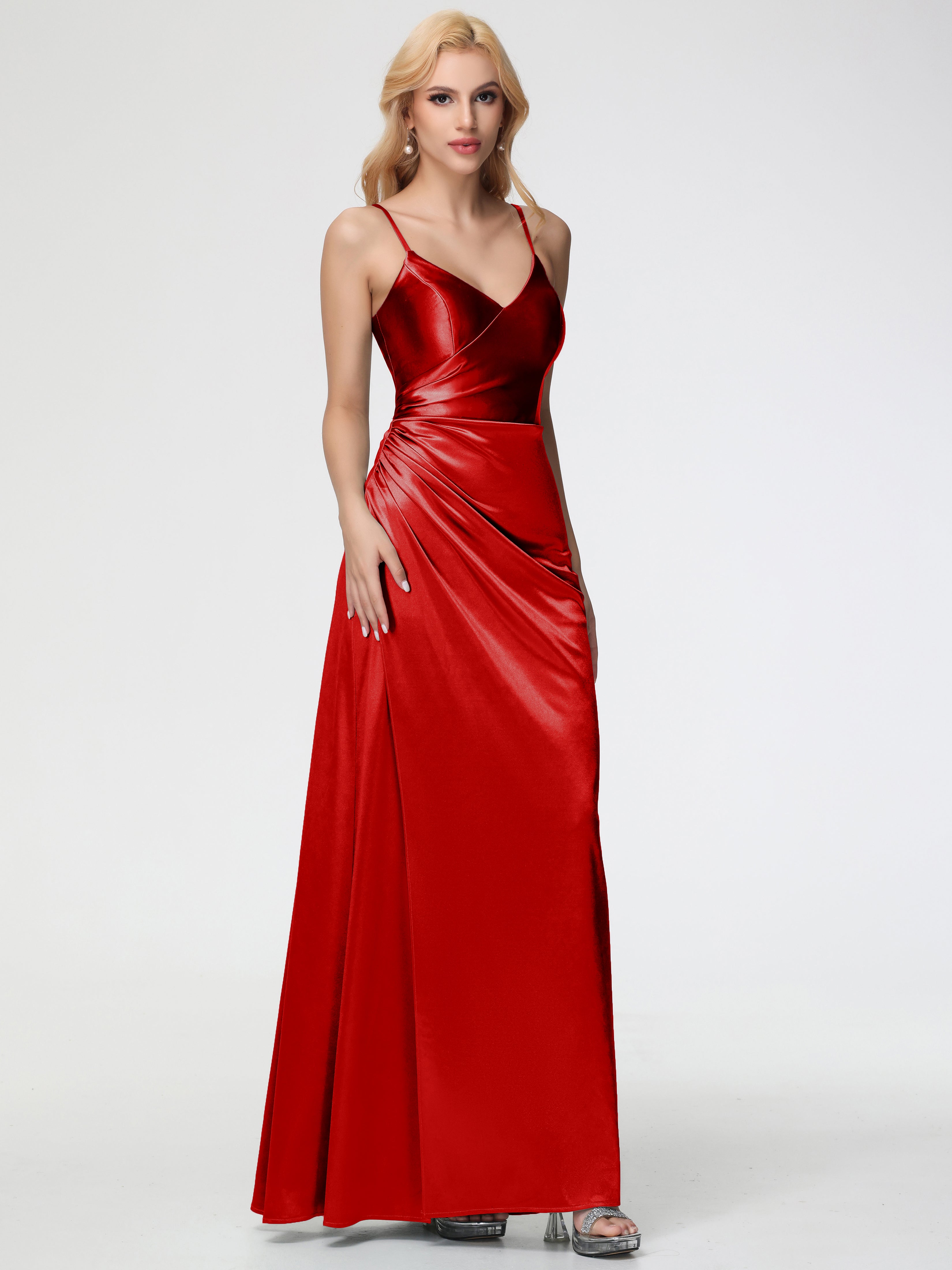 Robes De Demoiselle D'Honneur Rouges Col V Bretelles Spaghetti Fendue Satin Extensible Robe De Demoiselle D'Honneur Robe Plissée