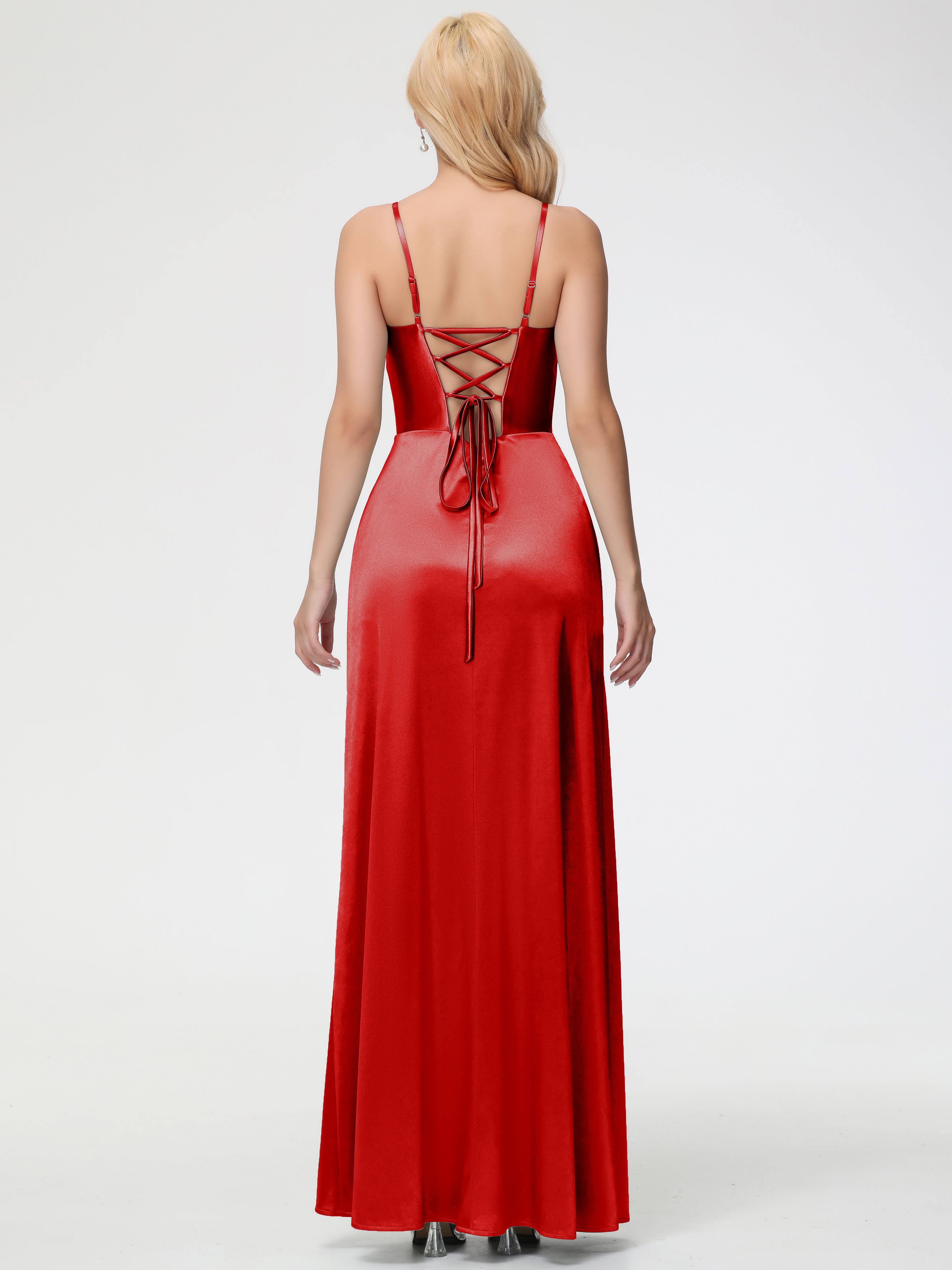 Robes De Demoiselle D'Honneur Rouges Col V Bretelles Spaghetti Fendue Satin Extensible Robe De Demoiselle D'Honneur Robe Plissée