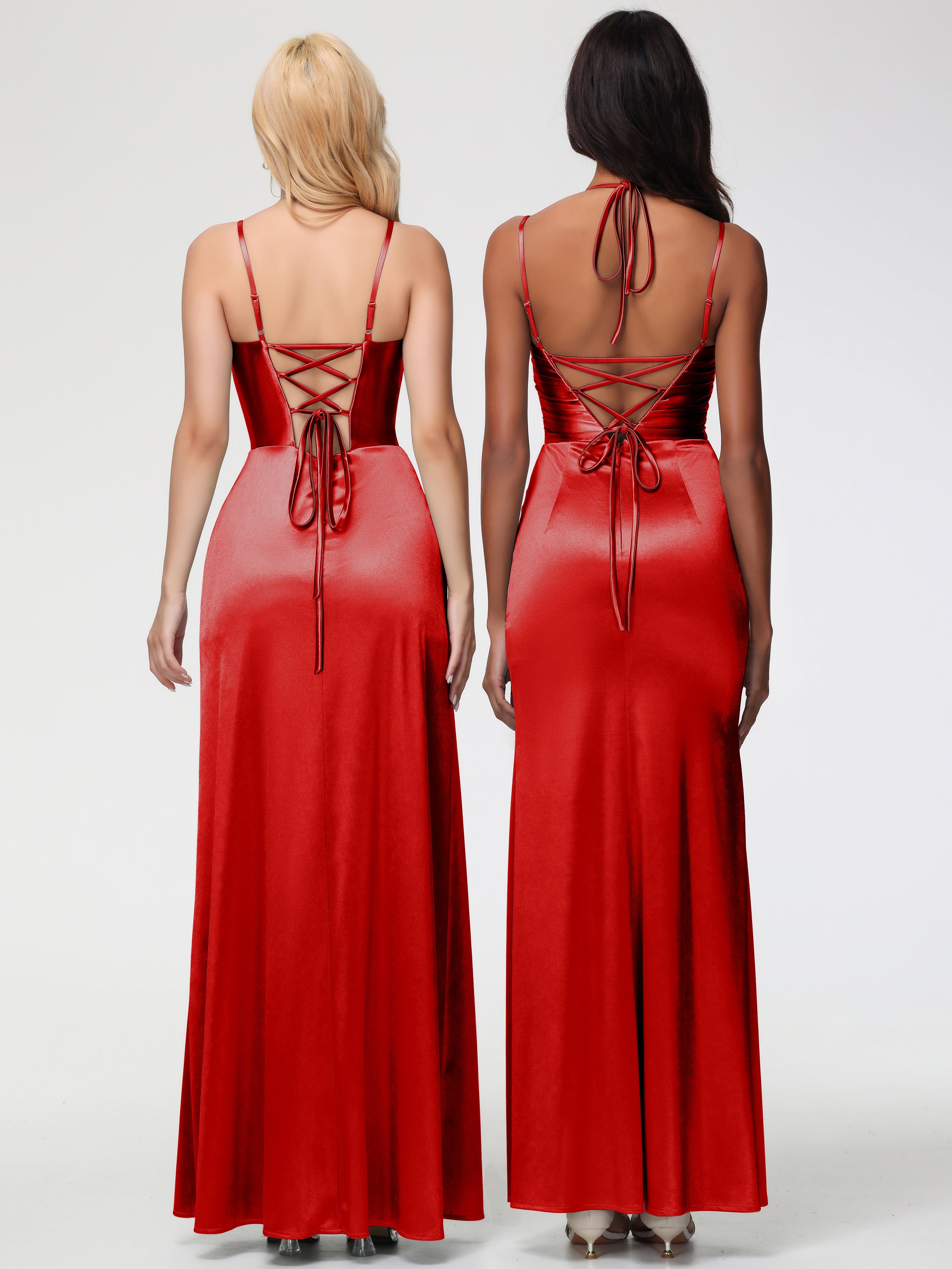 Robes De Demoiselle D'Honneur Rouges Col V Bretelles Spaghetti Fendue Satin Extensible Robe De Demoiselle D'Honneur Robe Plissée