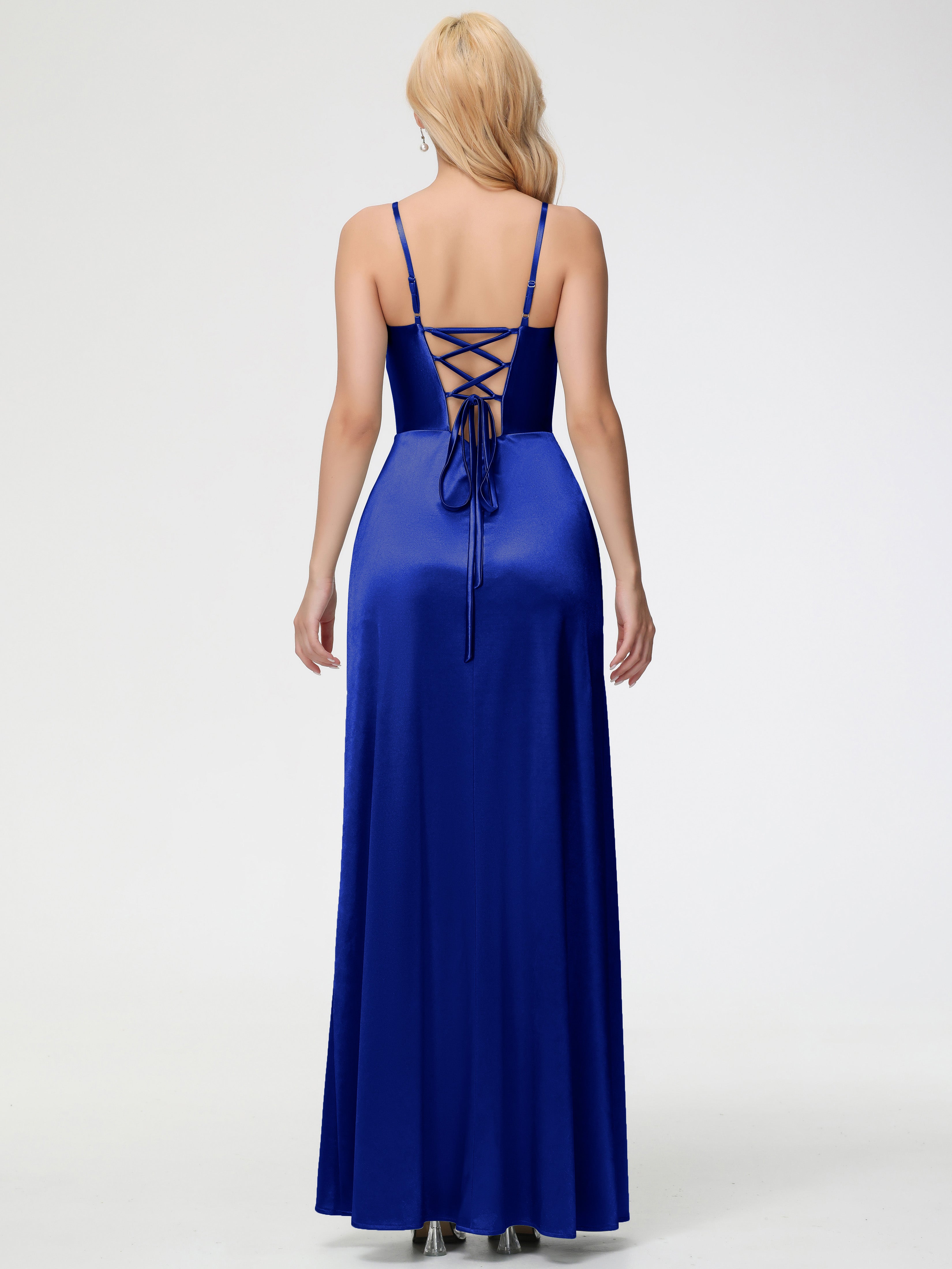 Robes De Demoiselle D'Honneur Bleu Royal Col V Bretelles Spaghetti Fendue Satin Extensible Robe De Demoiselle D'Honneur Robe Plissée