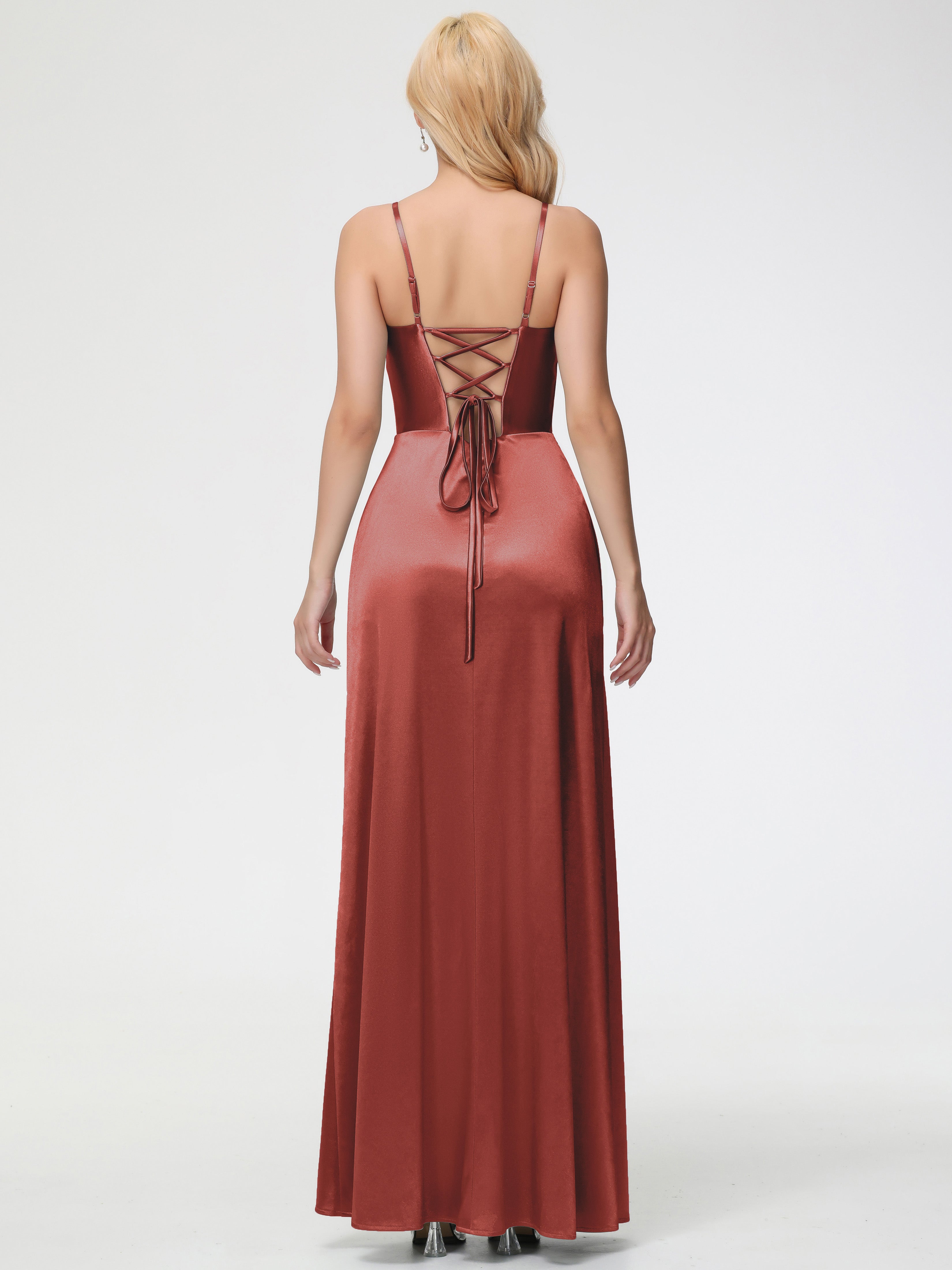 Robes De Demoiselle D'Honneur Couleur Rouille Bon Marché Col V Bretelles Spaghetti Fendue Satin Extensible Robe De Demoiselle D'Honneur Robe Plissée