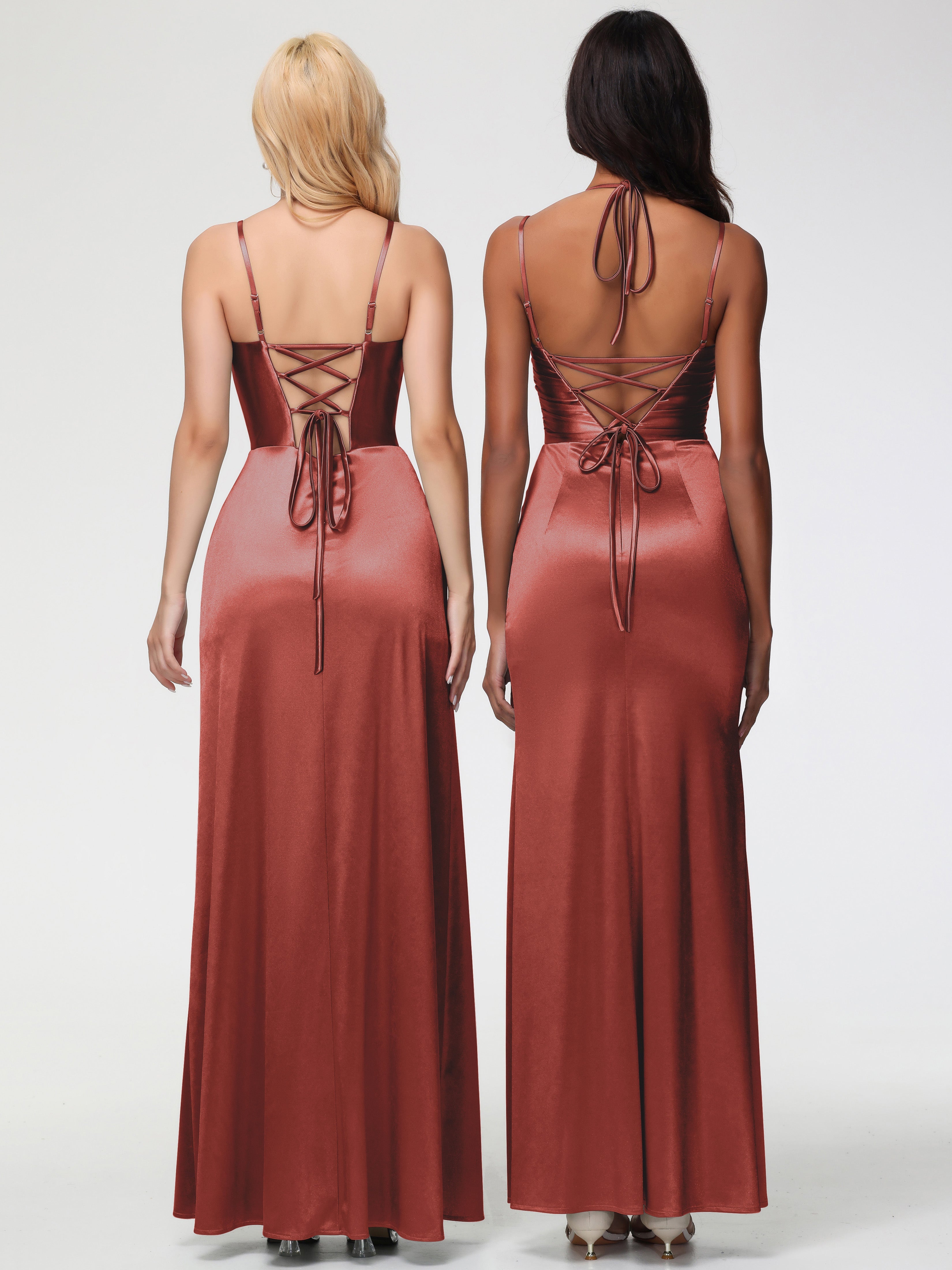 Robes De Demoiselle D'Honneur Couleur Rouille Bon Marché Col V Bretelles Spaghetti Fendue Satin Extensible Robe De Demoiselle D'Honneur Robe Plissée