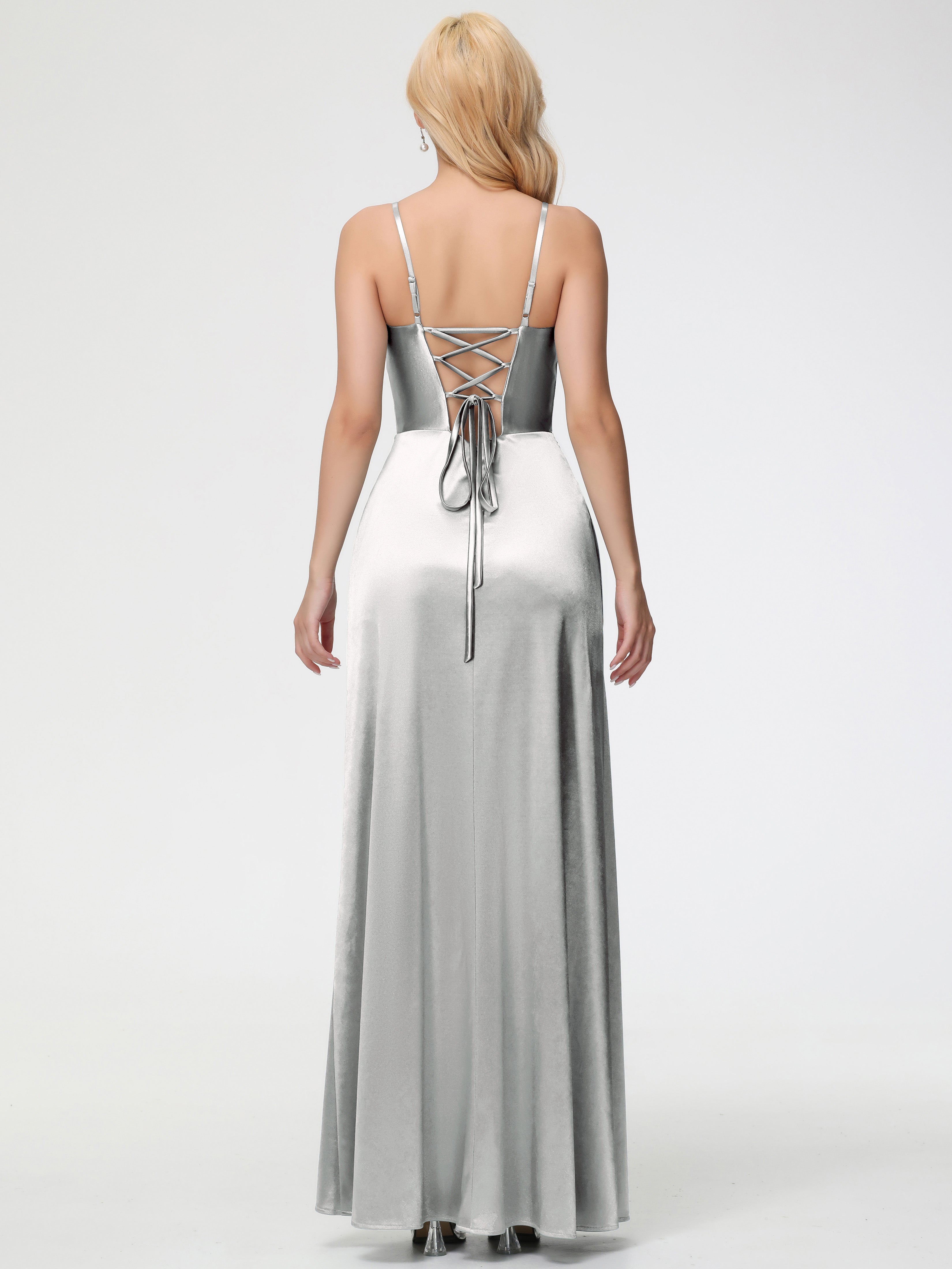 Robes De Demoiselle D'Honneur En Argent Col V Bretelles Spaghetti Fendue Satin Extensible Robe De Demoiselle D'Honneur Robe Plissée