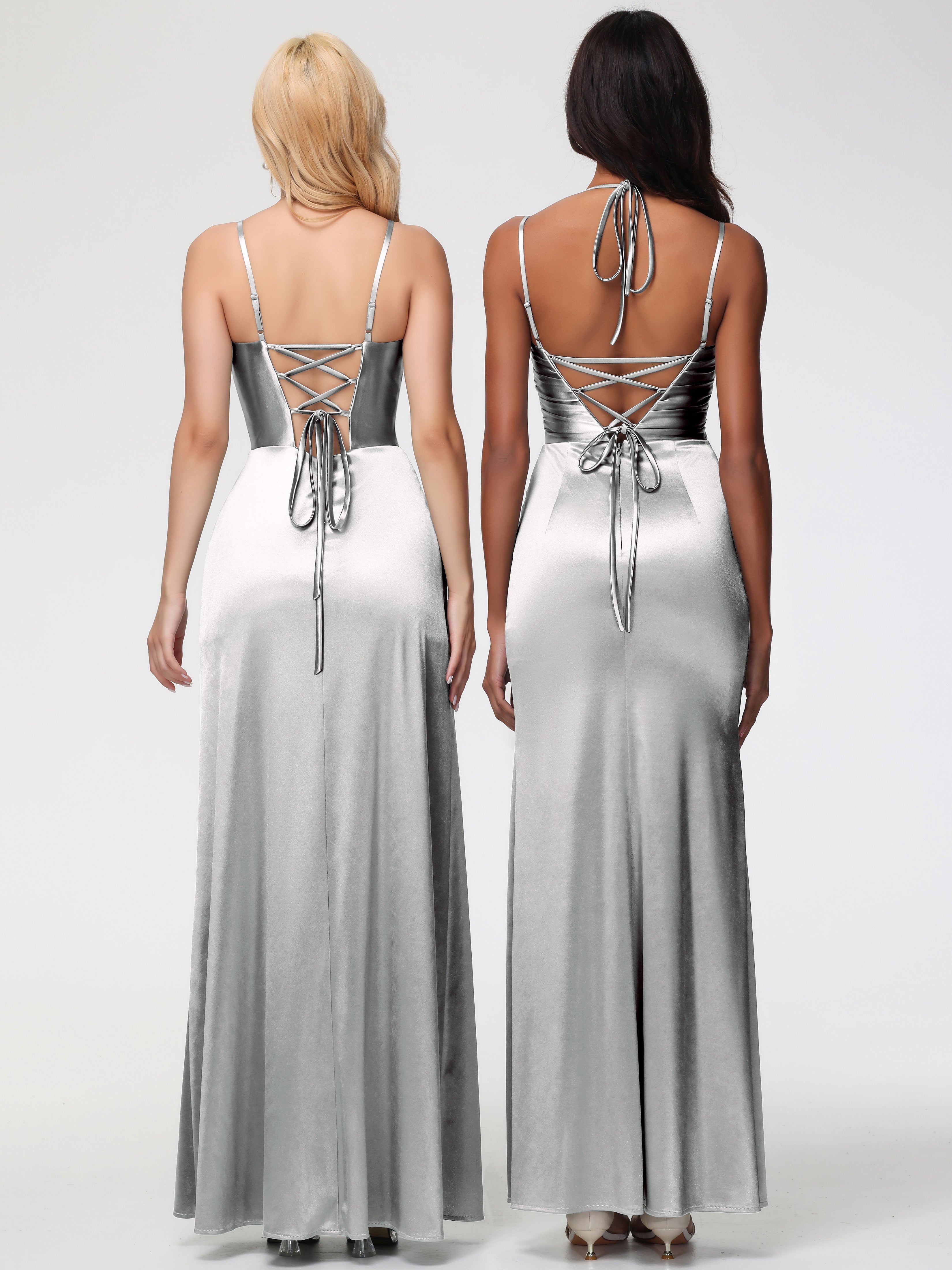 Robes De Demoiselle D'Honneur En Argent Col V Bretelles Spaghetti Fendue Satin Extensible Robe De Demoiselle D'Honneur Robe Plissée