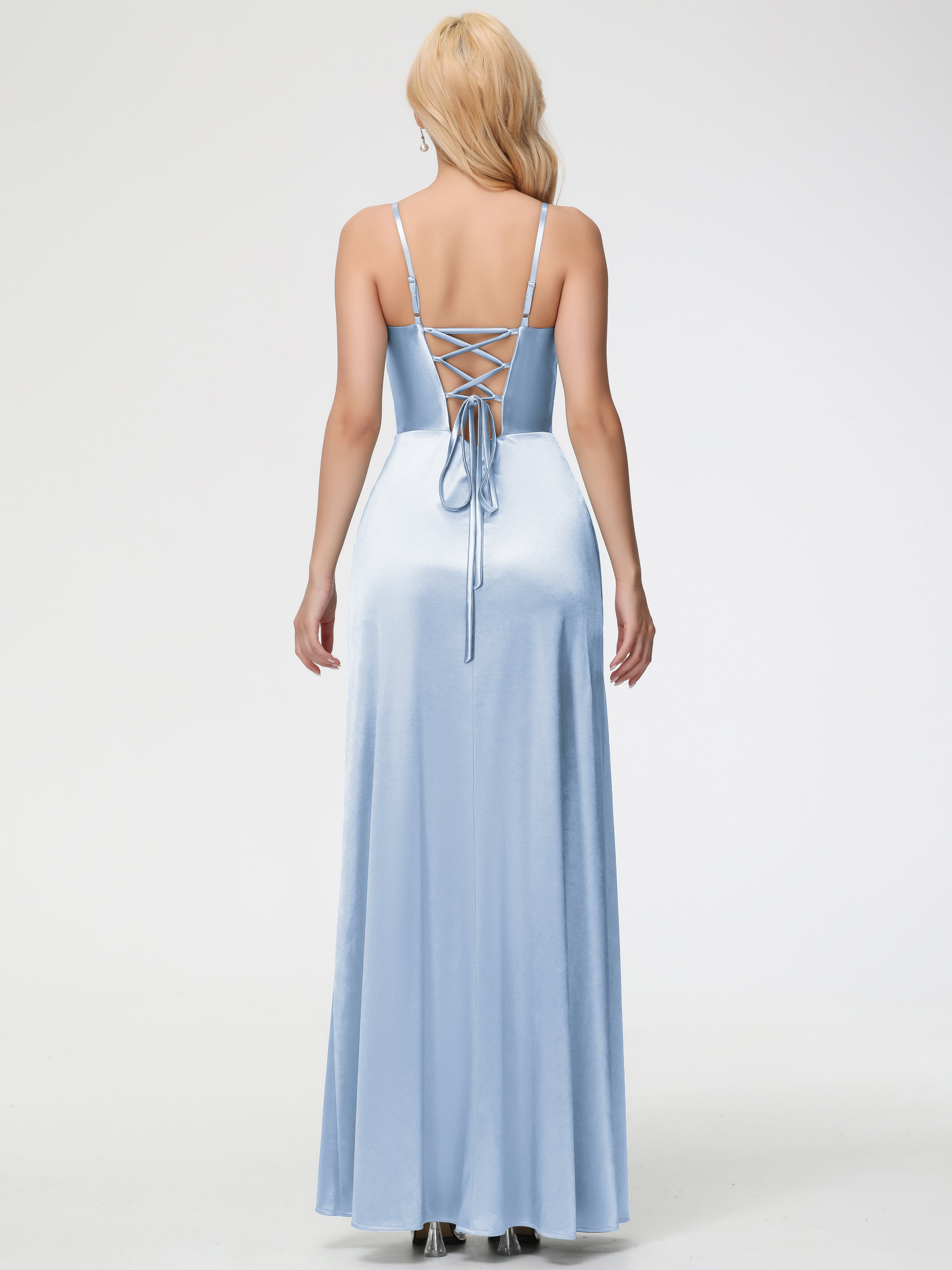 Robes De Demoiselle D'Honneur Bleu Ciel Col V Bretelles Spaghetti Fendue Satin Extensible Robe De Demoiselle D'Honneur Robe Plissée