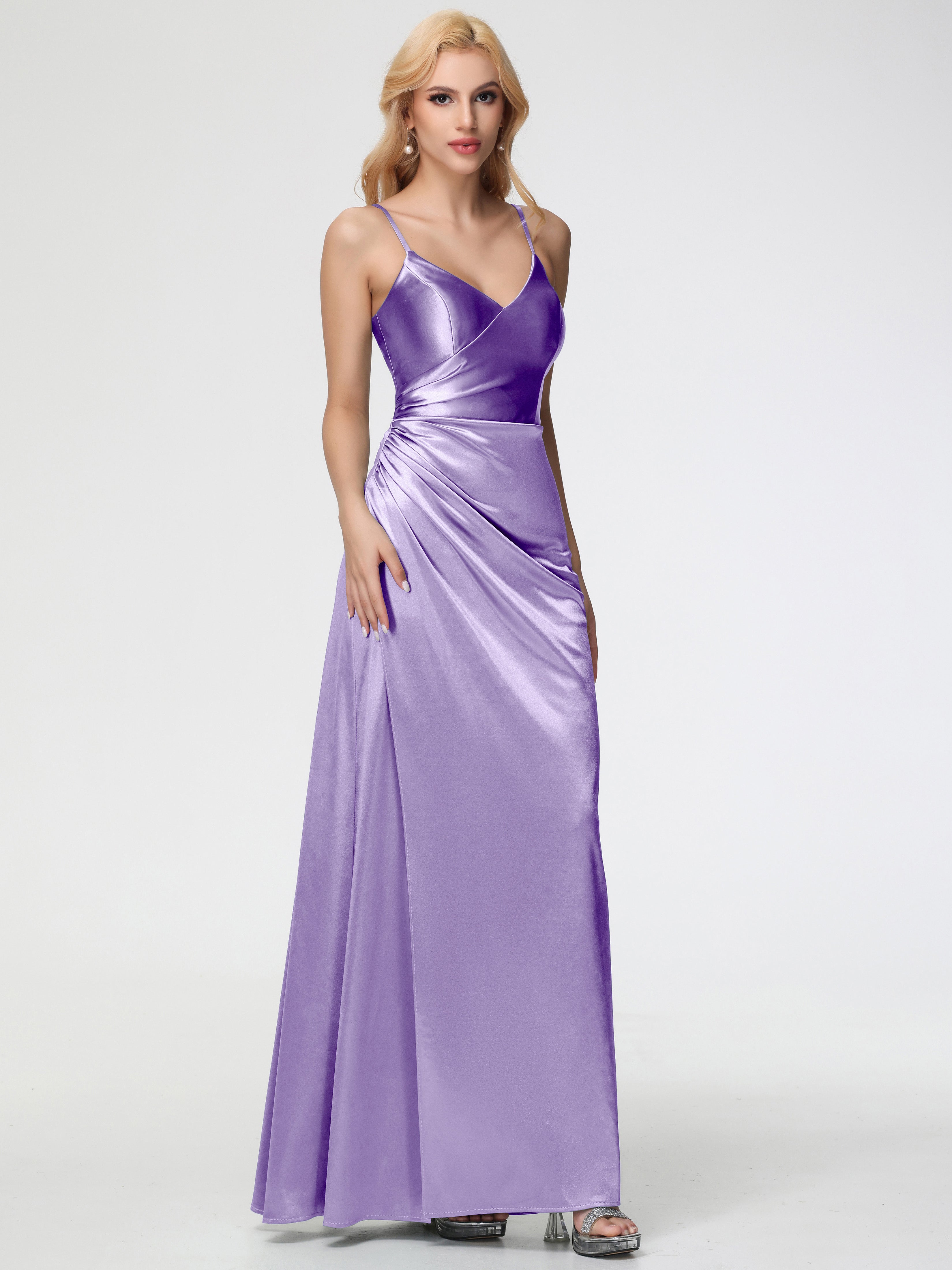 Robes De Demoiselle D'Honneur Tahiti Col V Bretelles Spaghetti Fendue Satin Extensible Robe De Demoiselle D'Honneur Robe Plissée