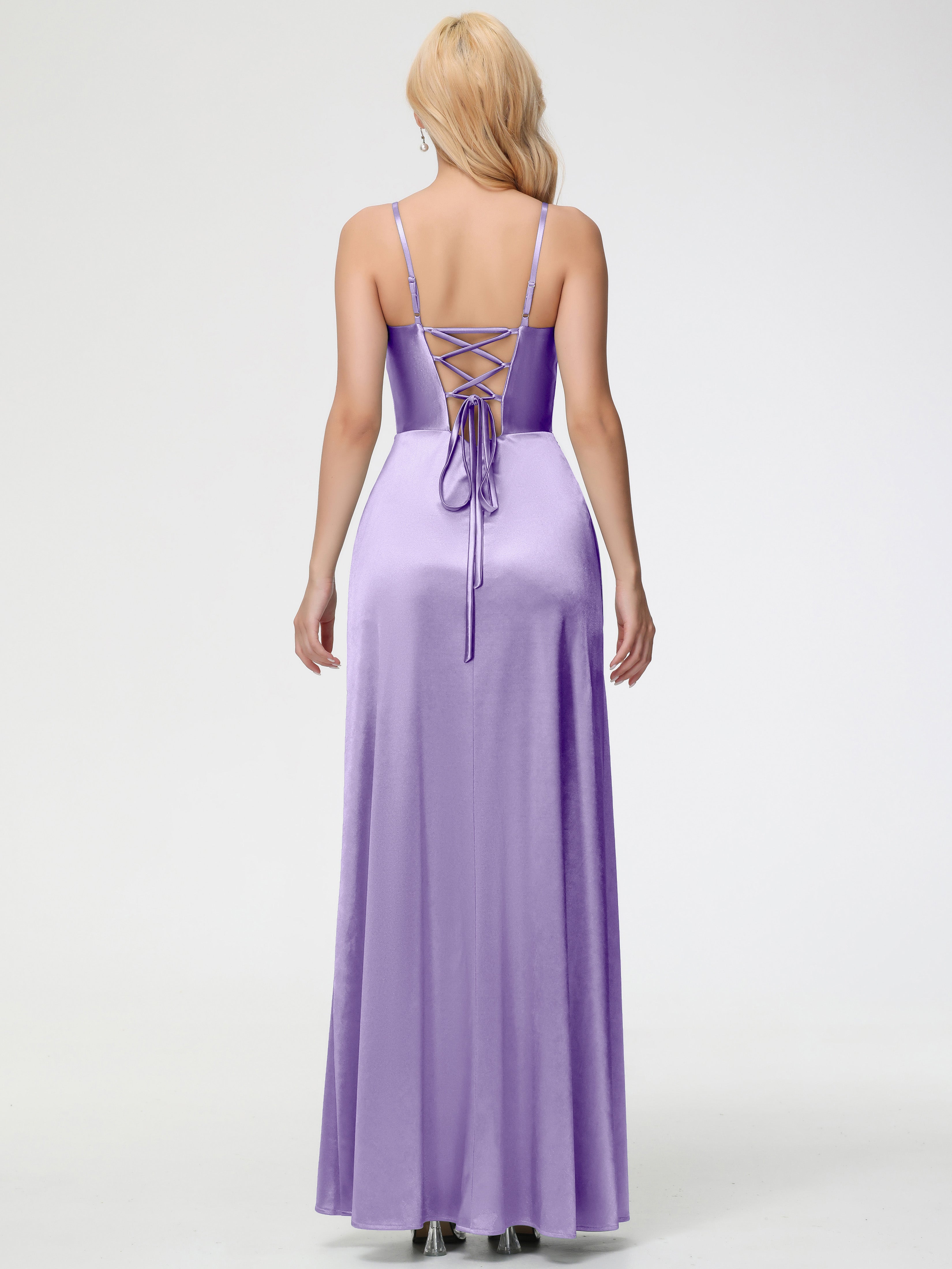 Robes De Demoiselle D'Honneur Tahiti Col V Bretelles Spaghetti Fendue Satin Extensible Robe De Demoiselle D'Honneur Robe Plissée