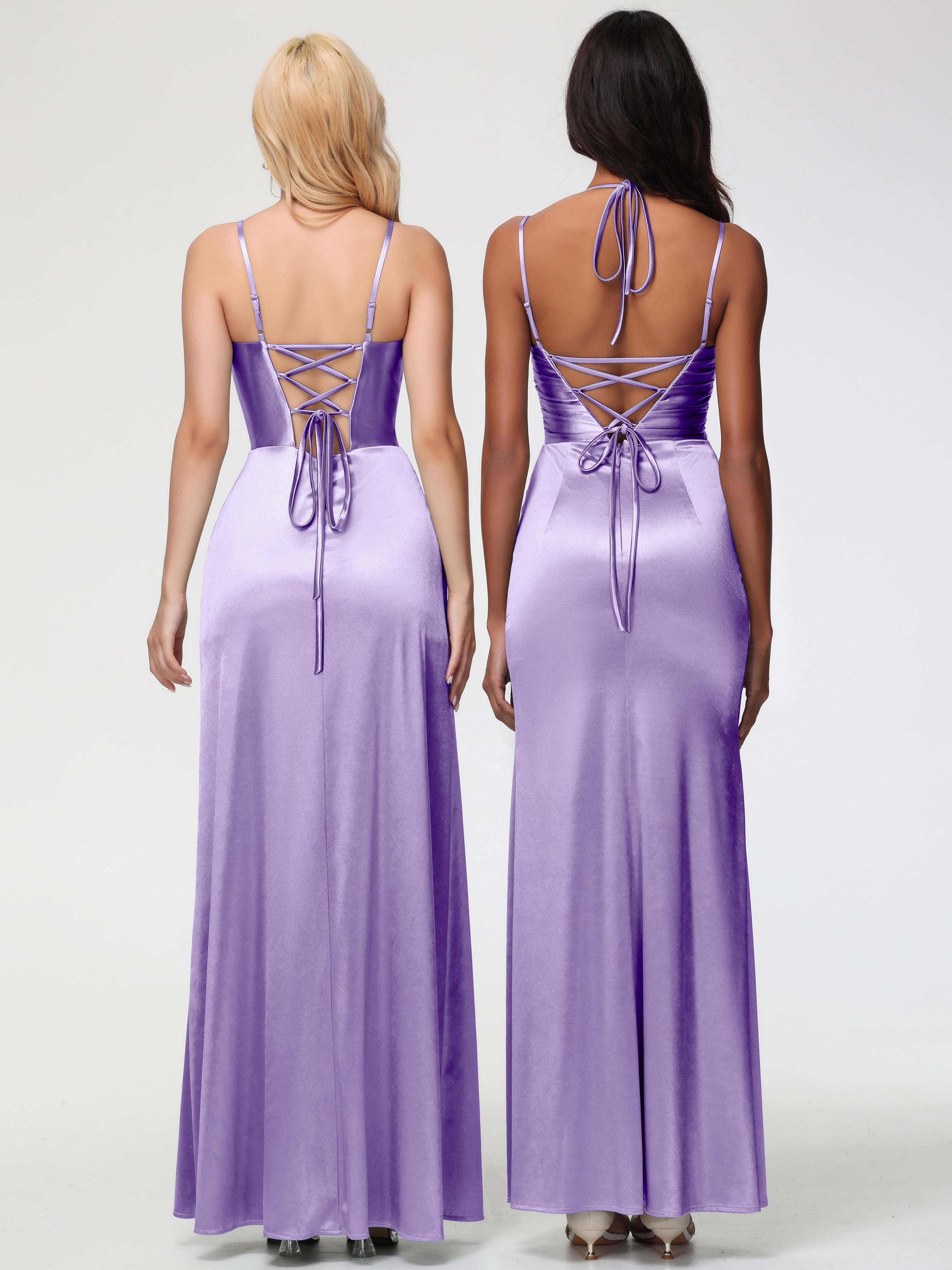 Robes De Demoiselle D'Honneur Tahiti Col V Bretelles Spaghetti Fendue Satin Extensible Robe De Demoiselle D'Honneur Robe Plissée