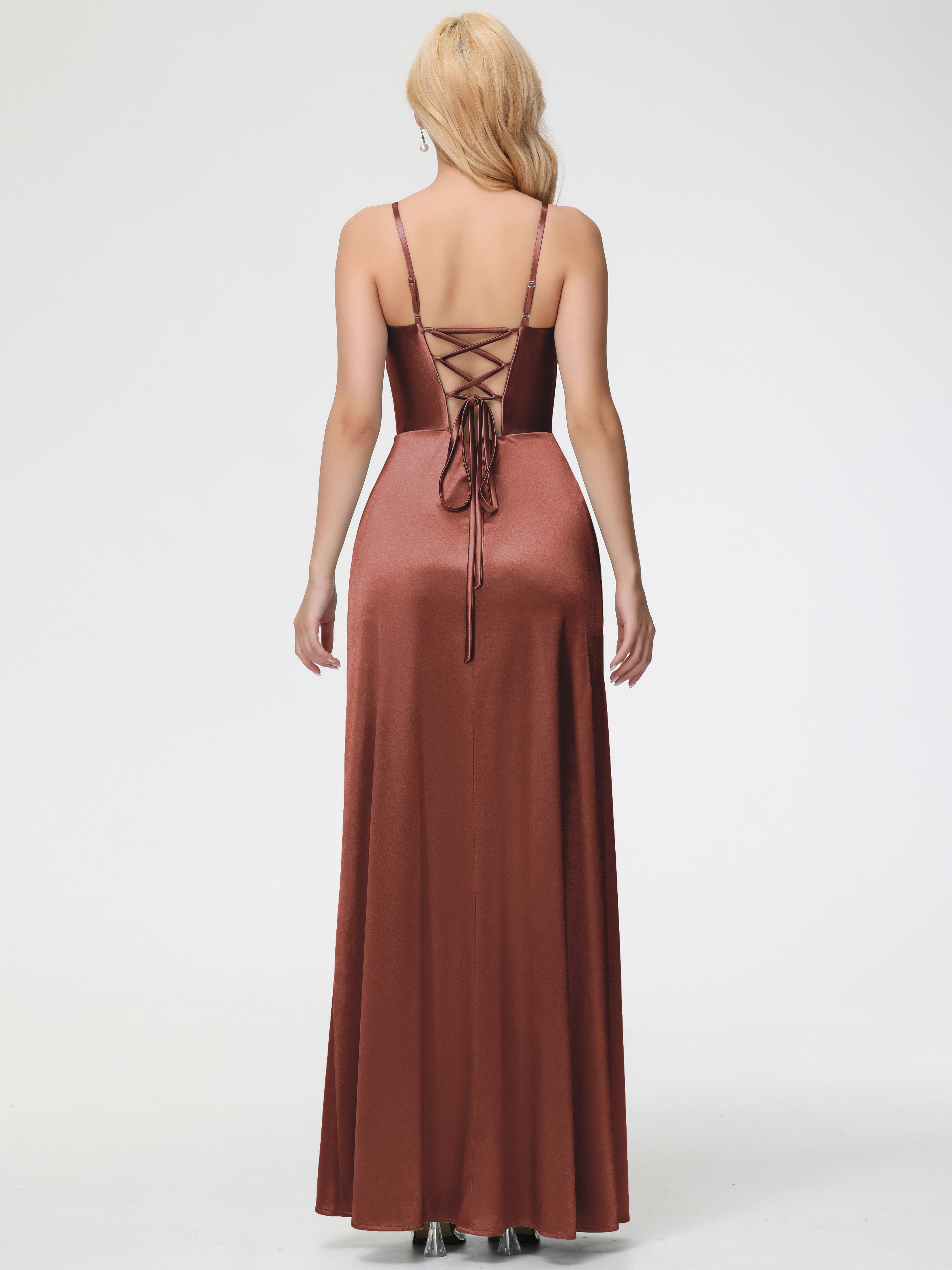 Robes De Demoiselle D'Honneur En Terre Cuite Col V Bretelles Spaghetti Fendue Satin Extensible Robe De Demoiselle D'Honneur Robe Plissée