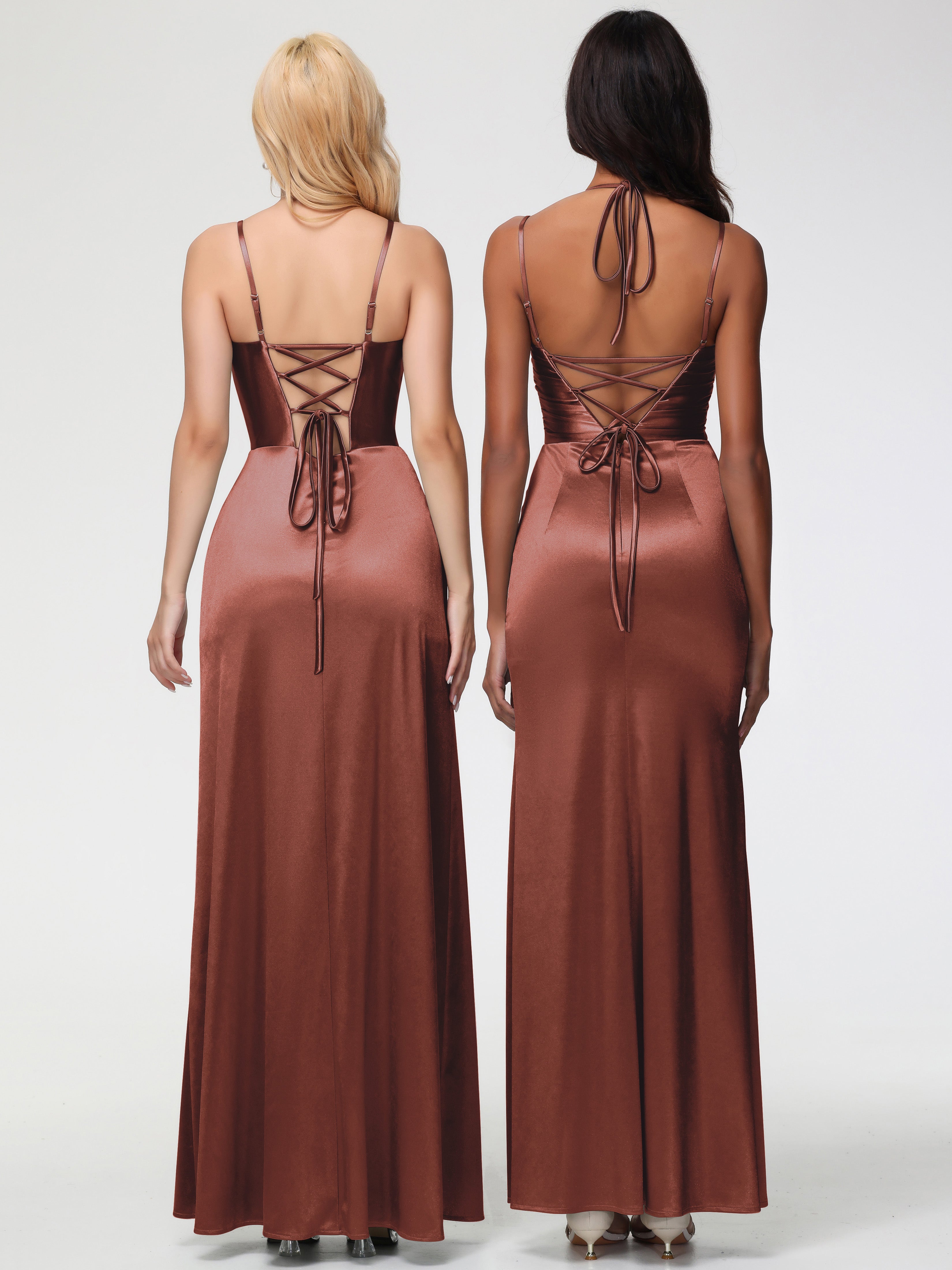 Robes De Demoiselle D'Honneur En Terre Cuite Col V Bretelles Spaghetti Fendue Satin Extensible Robe De Demoiselle D'Honneur Robe Plissée