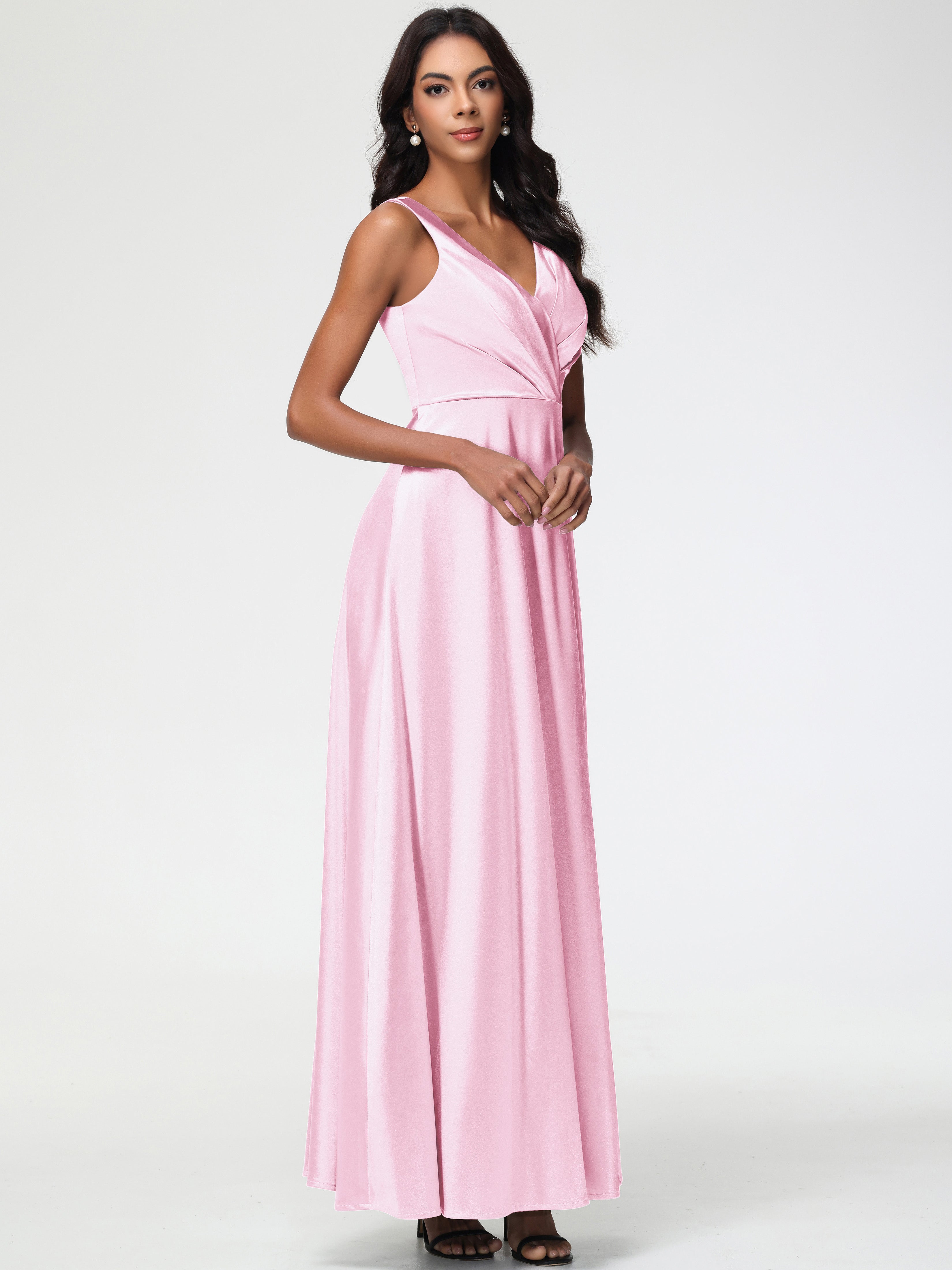 Robe Demoiselle D Honneur Rose Pale Col V Bretelles épaisses Trapèze Satin Extensible Fendue Robe De Demoiselle D'Honneur