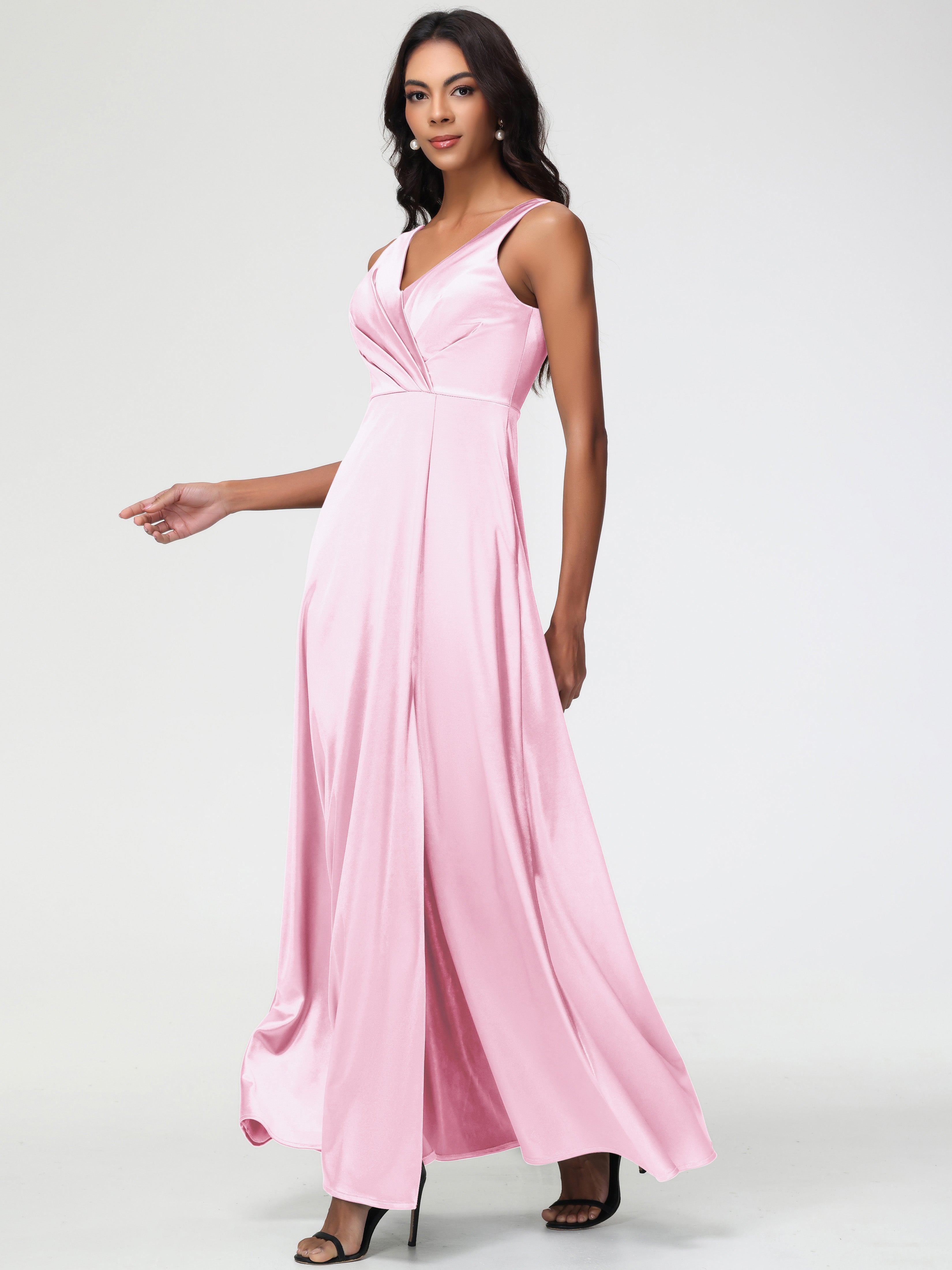 Robe Demoiselle D Honneur Rose Pale Col V Bretelles épaisses Trapèze Satin Extensible Fendue Robe De Demoiselle D'Honneur