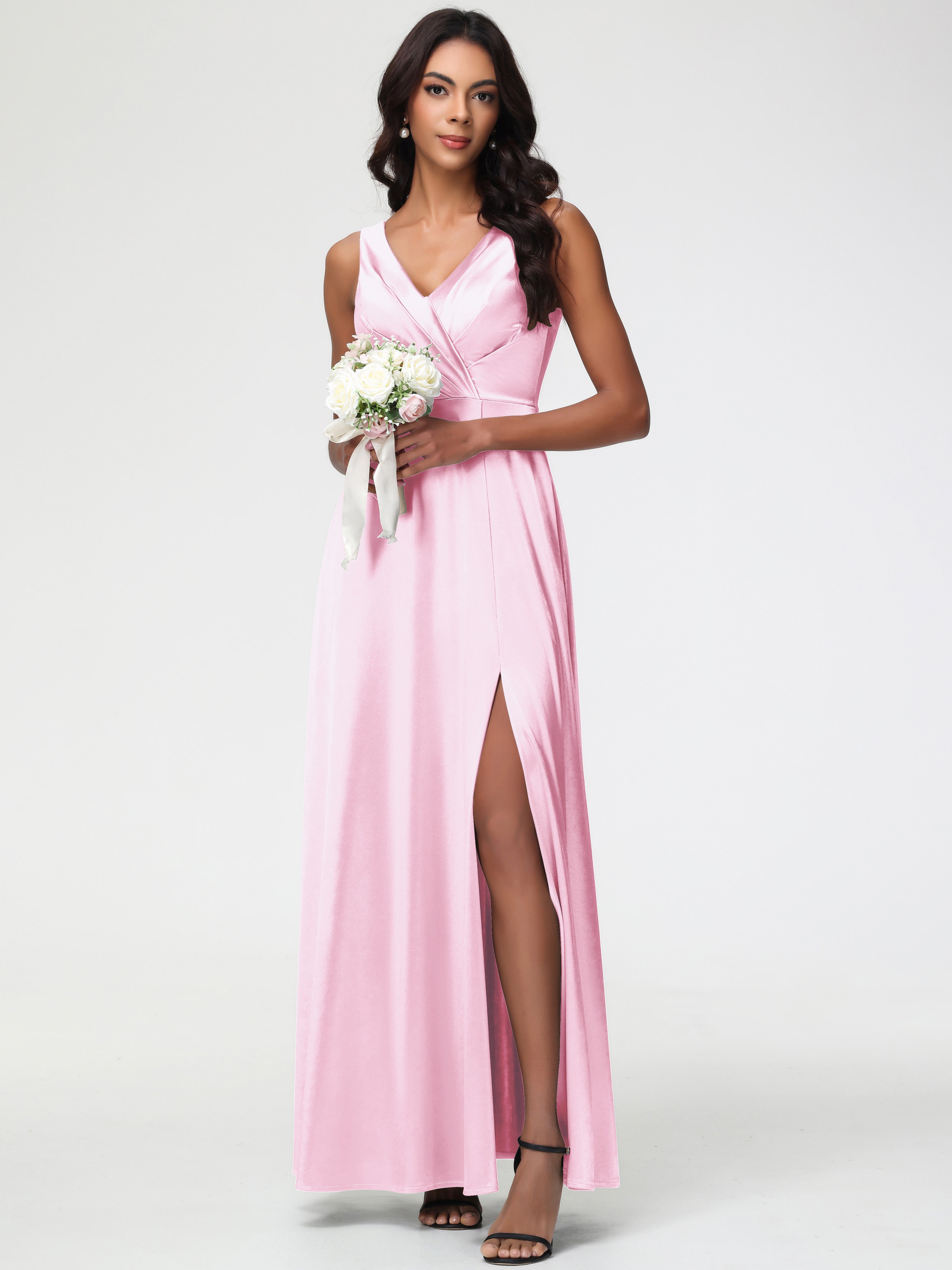 Robe Demoiselle D Honneur Rose Pale Col V Bretelles épaisses Trapèze Satin Extensible Fendue Robe De Demoiselle D'Honneur