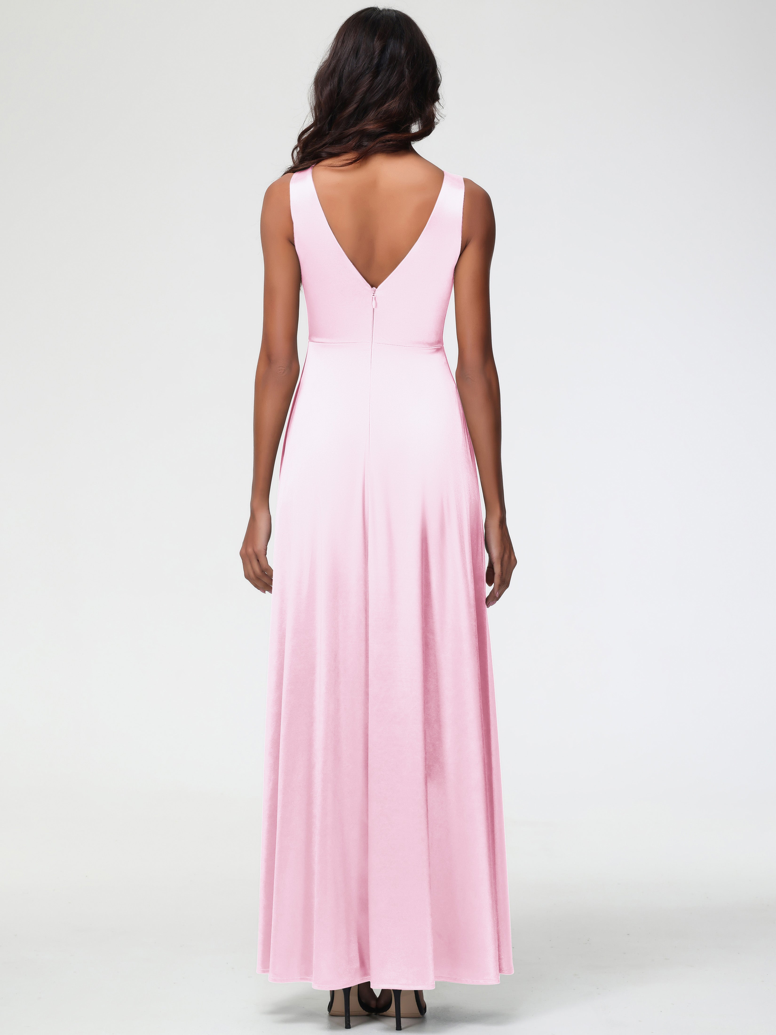 Robe Demoiselle D Honneur Rose Pale Col V Bretelles épaisses Trapèze Satin Extensible Fendue Robe De Demoiselle D'Honneur