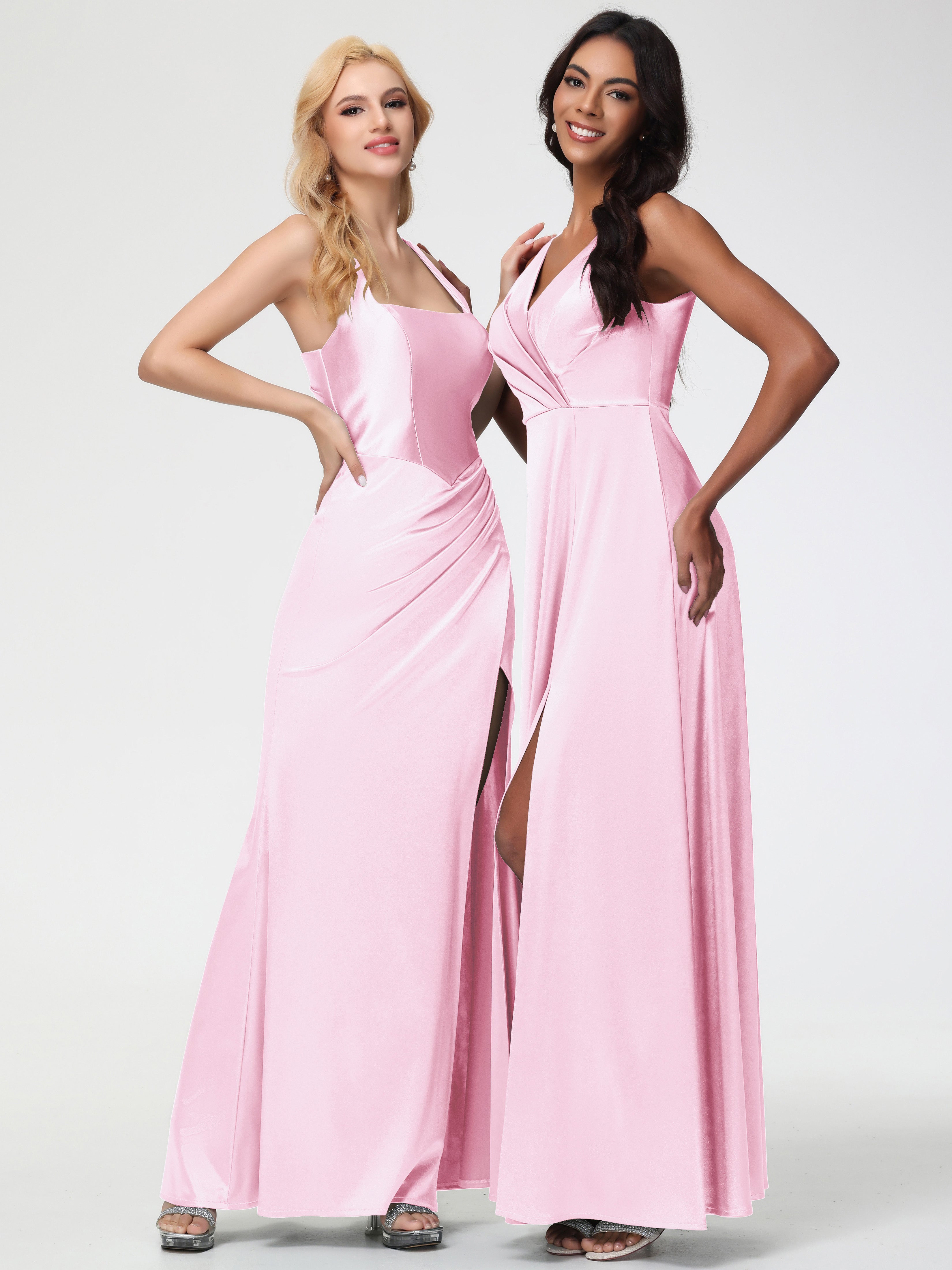 Robe Demoiselle D Honneur Rose Pale Col V Bretelles épaisses Trapèze Satin Extensible Fendue Robe De Demoiselle D'Honneur