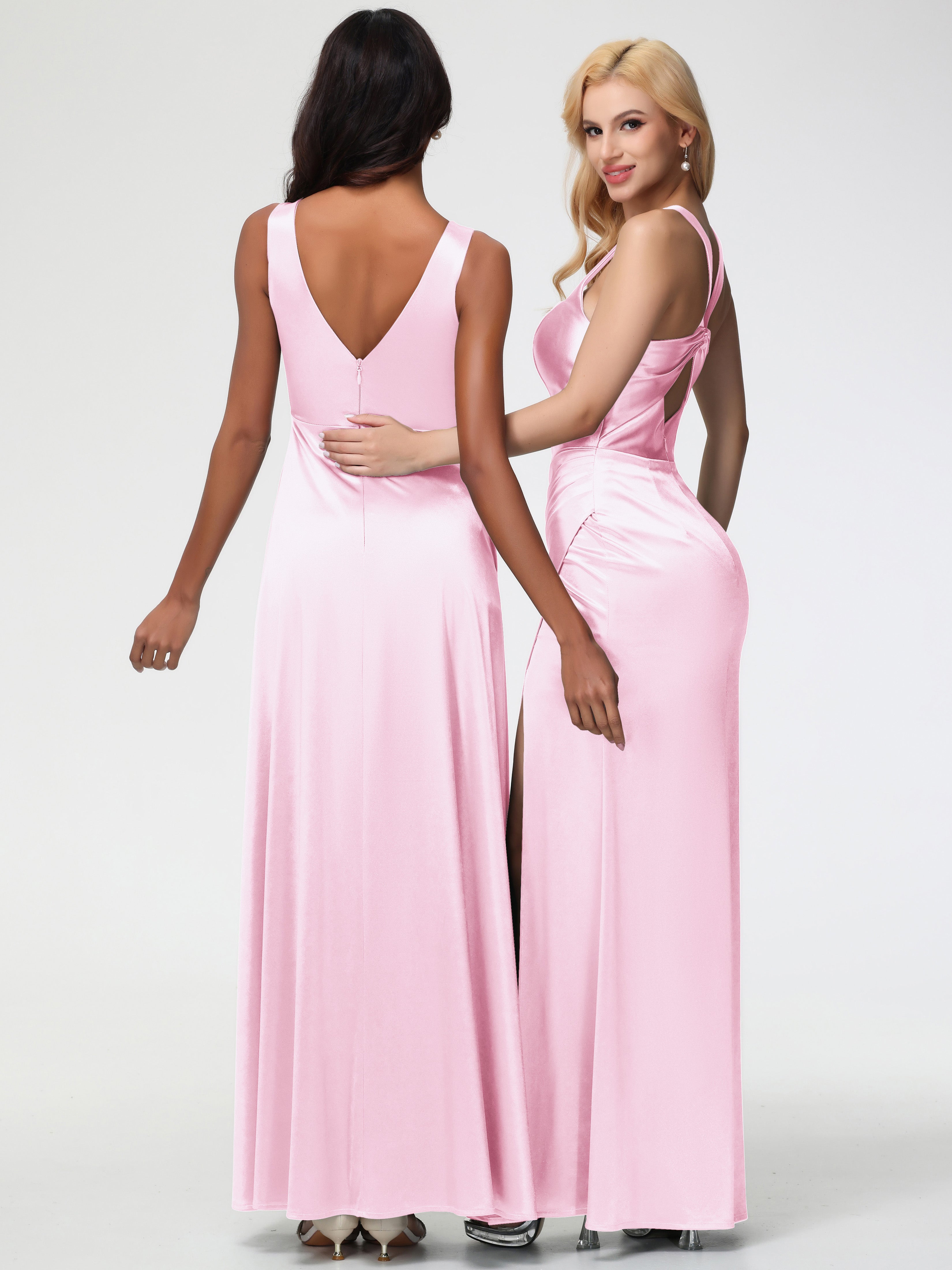 Robe Demoiselle D Honneur Rose Pale Col V Bretelles épaisses Trapèze Satin Extensible Fendue Robe De Demoiselle D'Honneur