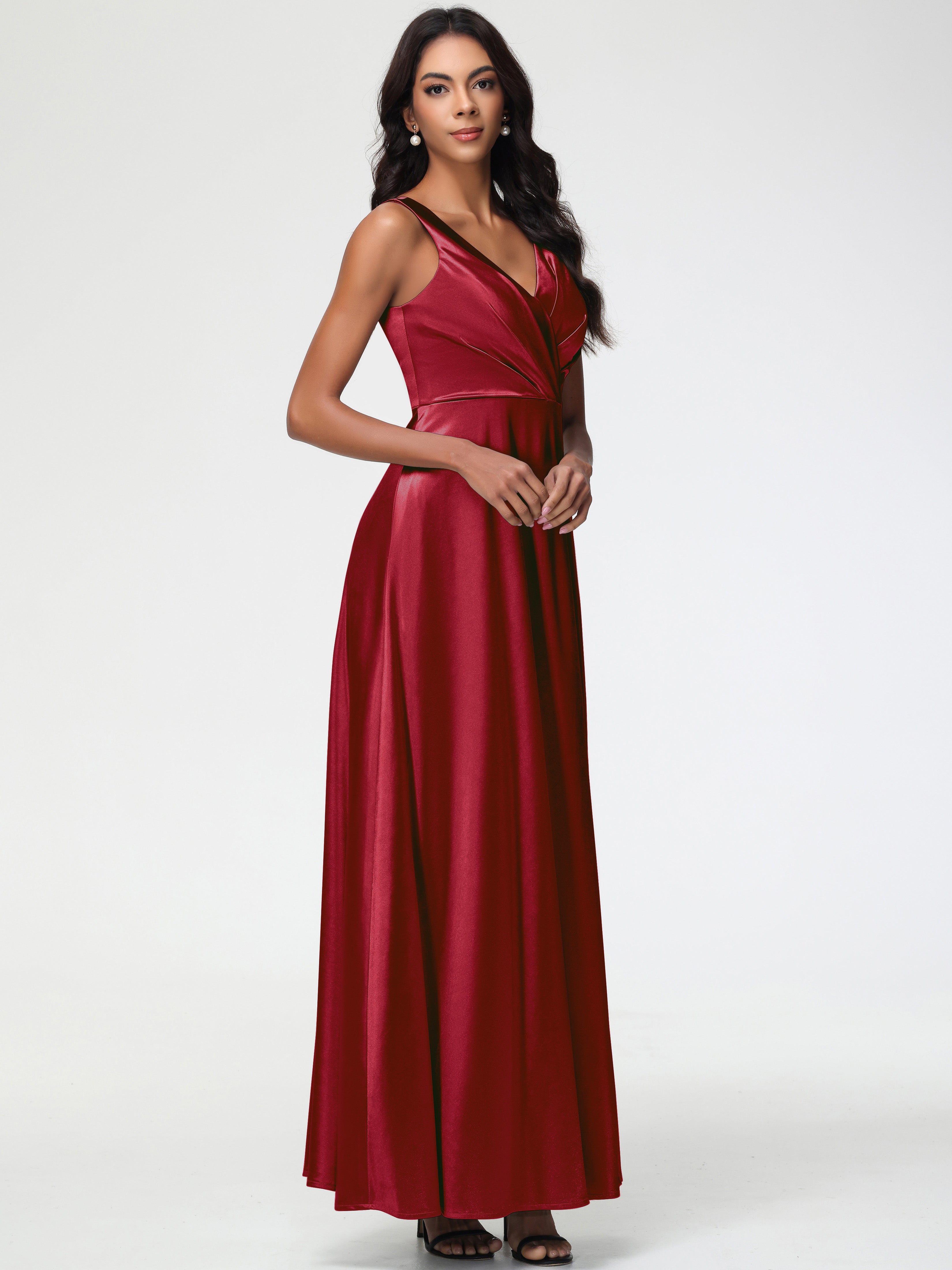 Robe Bordeaux Mariage Demoiselle D Honneur Col V Bretelles épaisses Trapèze Satin Extensible Fendue Robe De Demoiselle D'Honneur