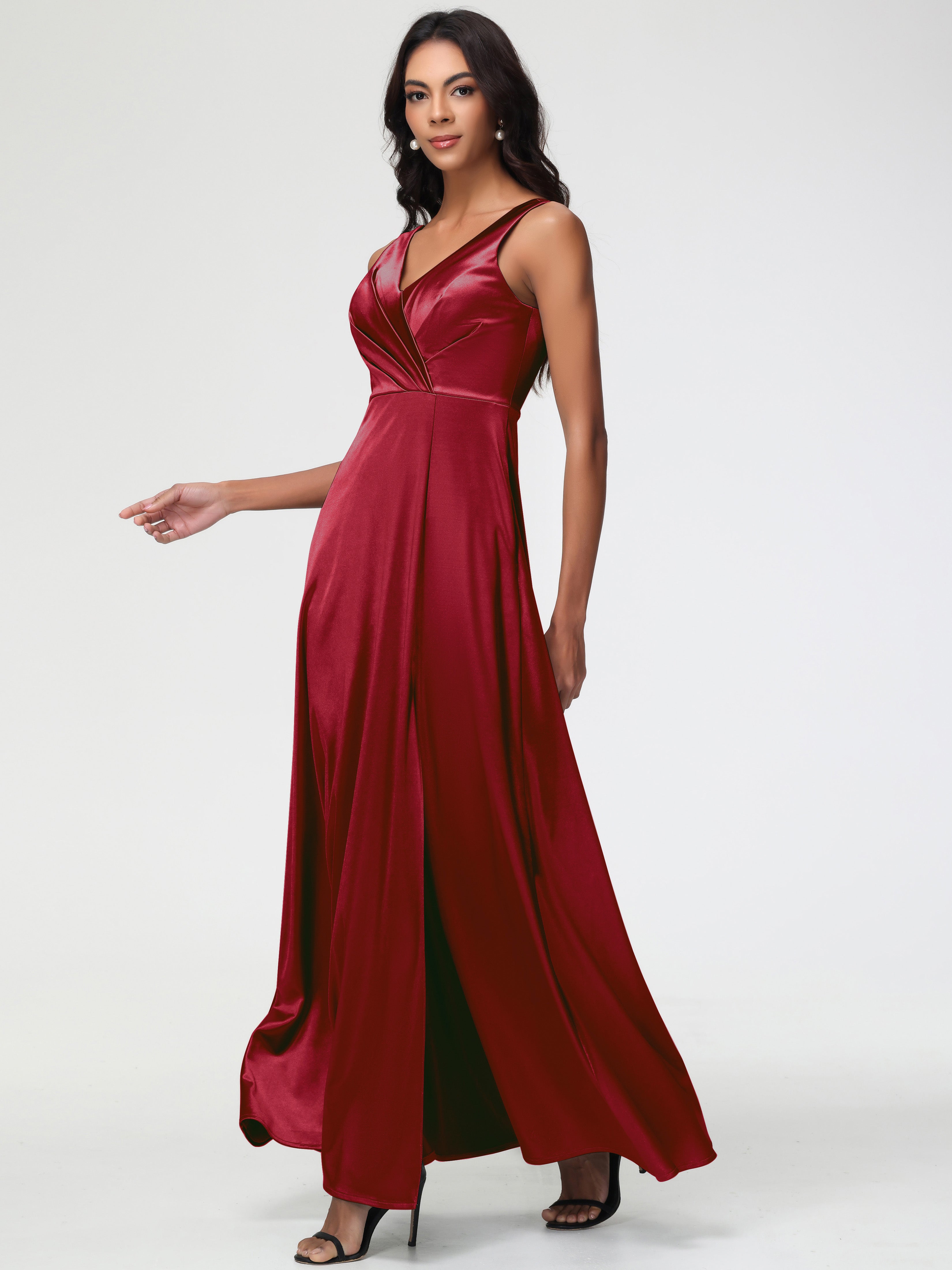 Robe Bordeaux Mariage Demoiselle D Honneur Col V Bretelles épaisses Trapèze Satin Extensible Fendue Robe De Demoiselle D'Honneur