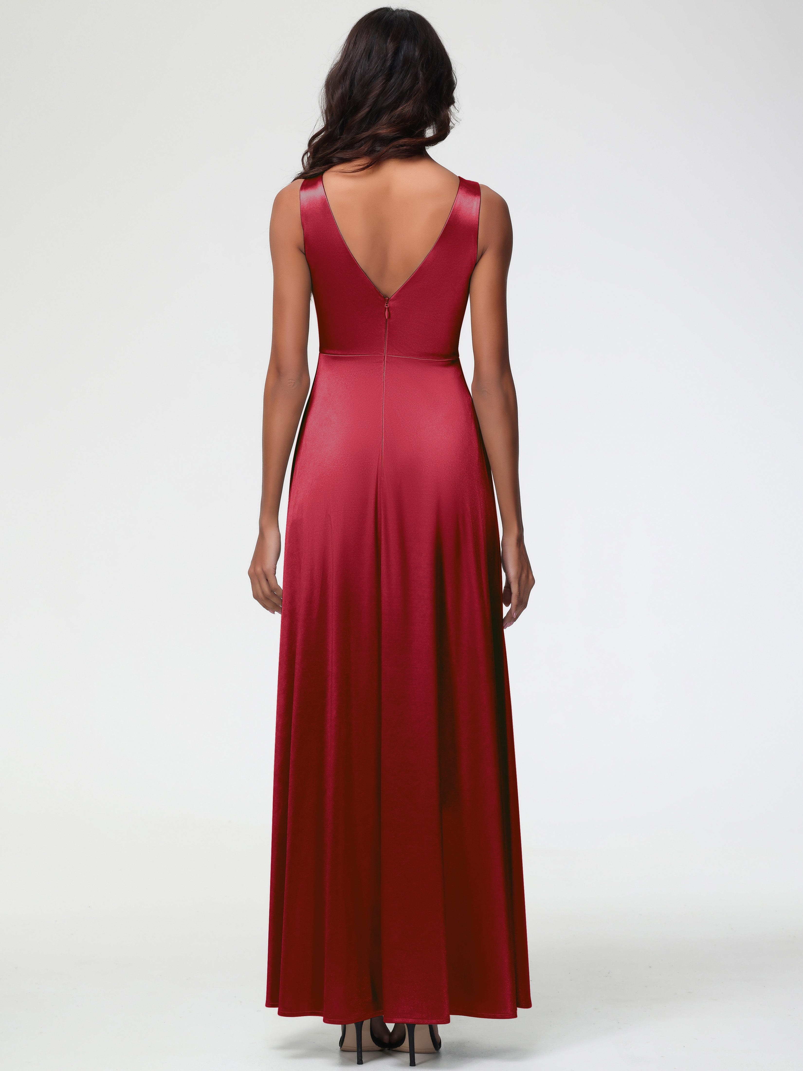 Robe Bordeaux Mariage Demoiselle D Honneur Col V Bretelles épaisses Trapèze Satin Extensible Fendue Robe De Demoiselle D'Honneur