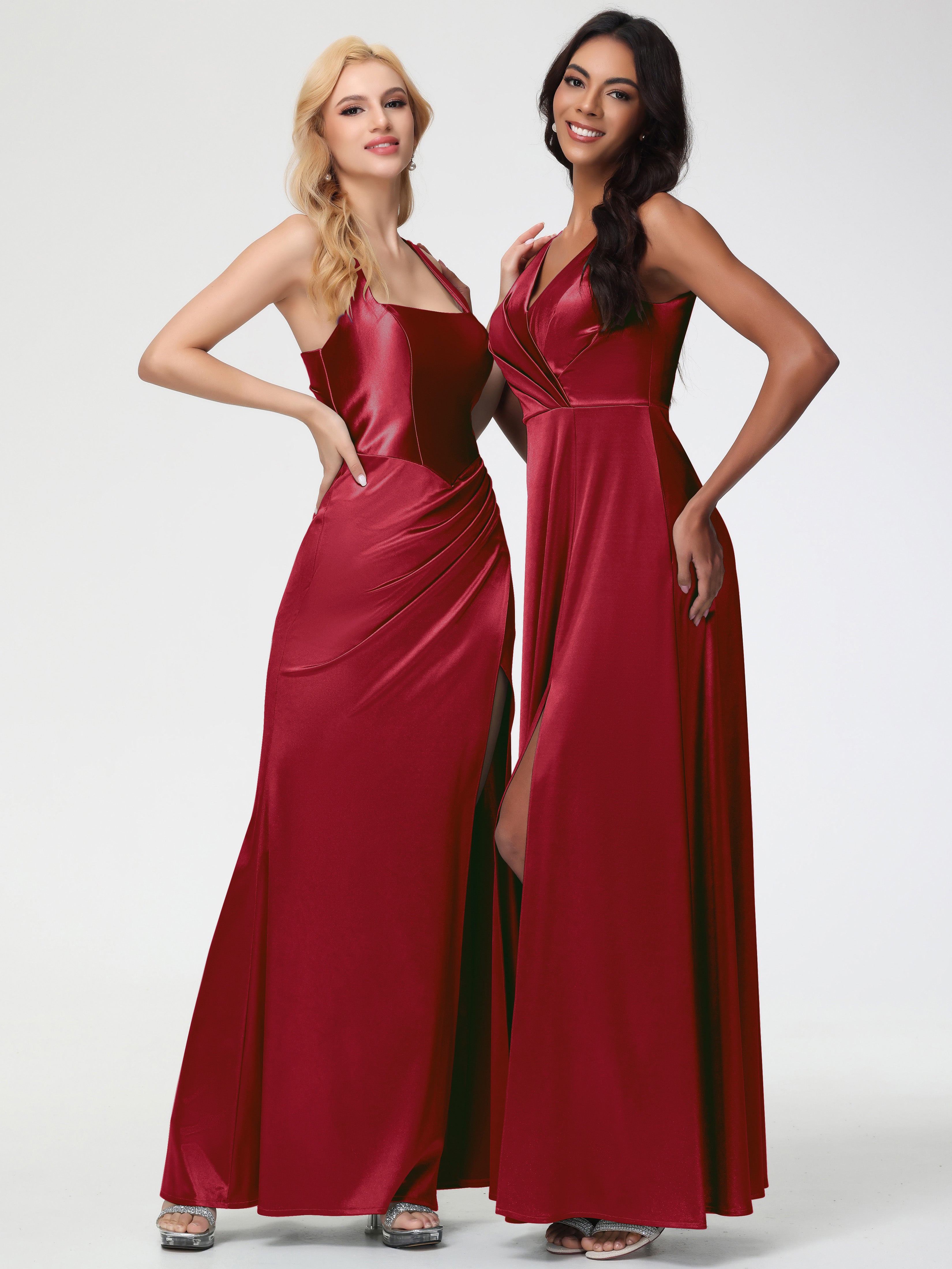 Robe Bordeaux Mariage Demoiselle D Honneur Col V Bretelles épaisses Trapèze Satin Extensible Fendue Robe De Demoiselle D'Honneur