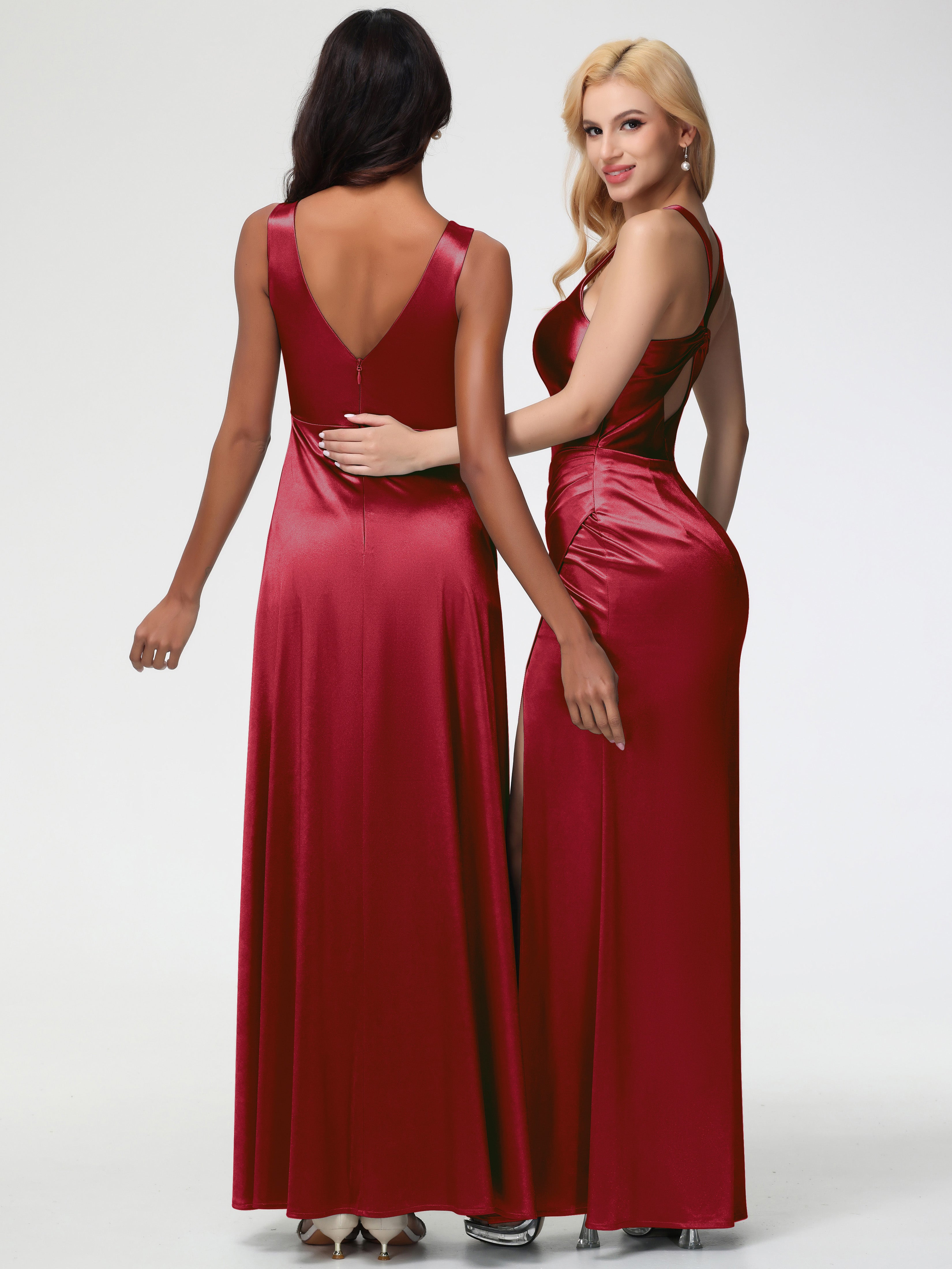 Robe Bordeaux Mariage Demoiselle D Honneur Col V Bretelles épaisses Trapèze Satin Extensible Fendue Robe De Demoiselle D'Honneur