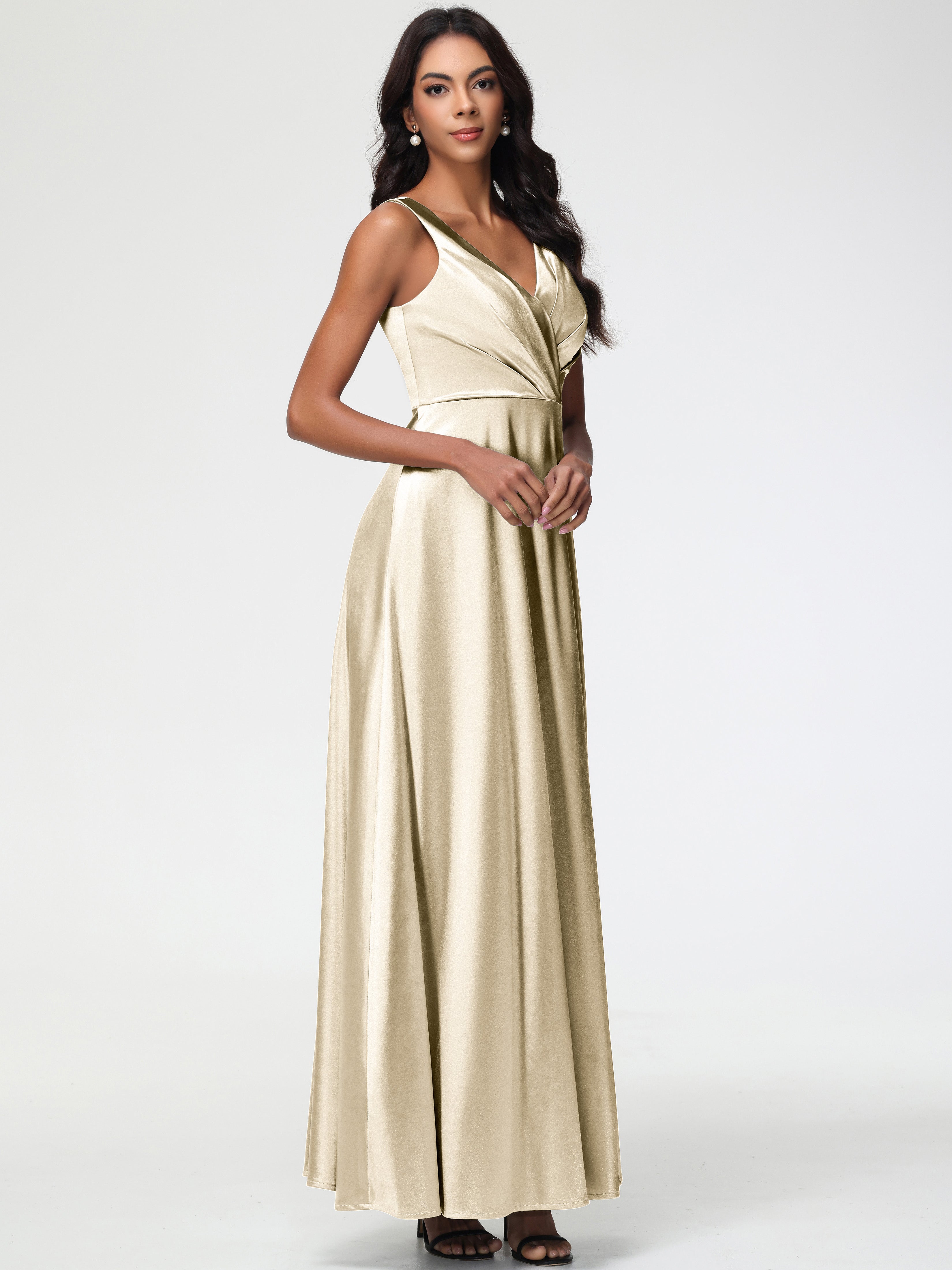 Robe De Demoiselle D Honneur Champagne Col V Bretelles épaisses Trapèze Satin Extensible Fendue Robe De Demoiselle D'Honneur