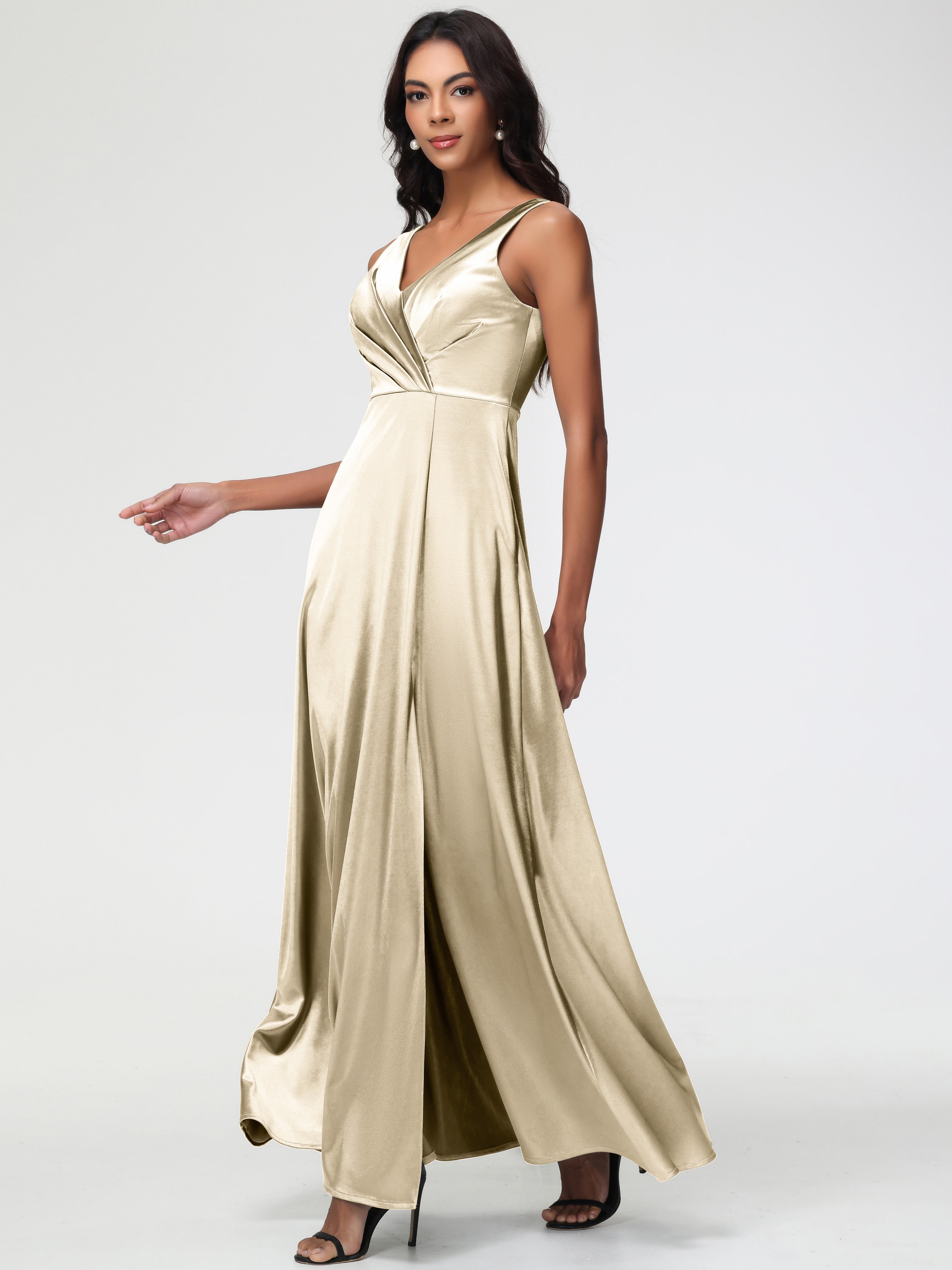 Robe De Demoiselle D Honneur Champagne Col V Bretelles épaisses Trapèze Satin Extensible Fendue Robe De Demoiselle D'Honneur