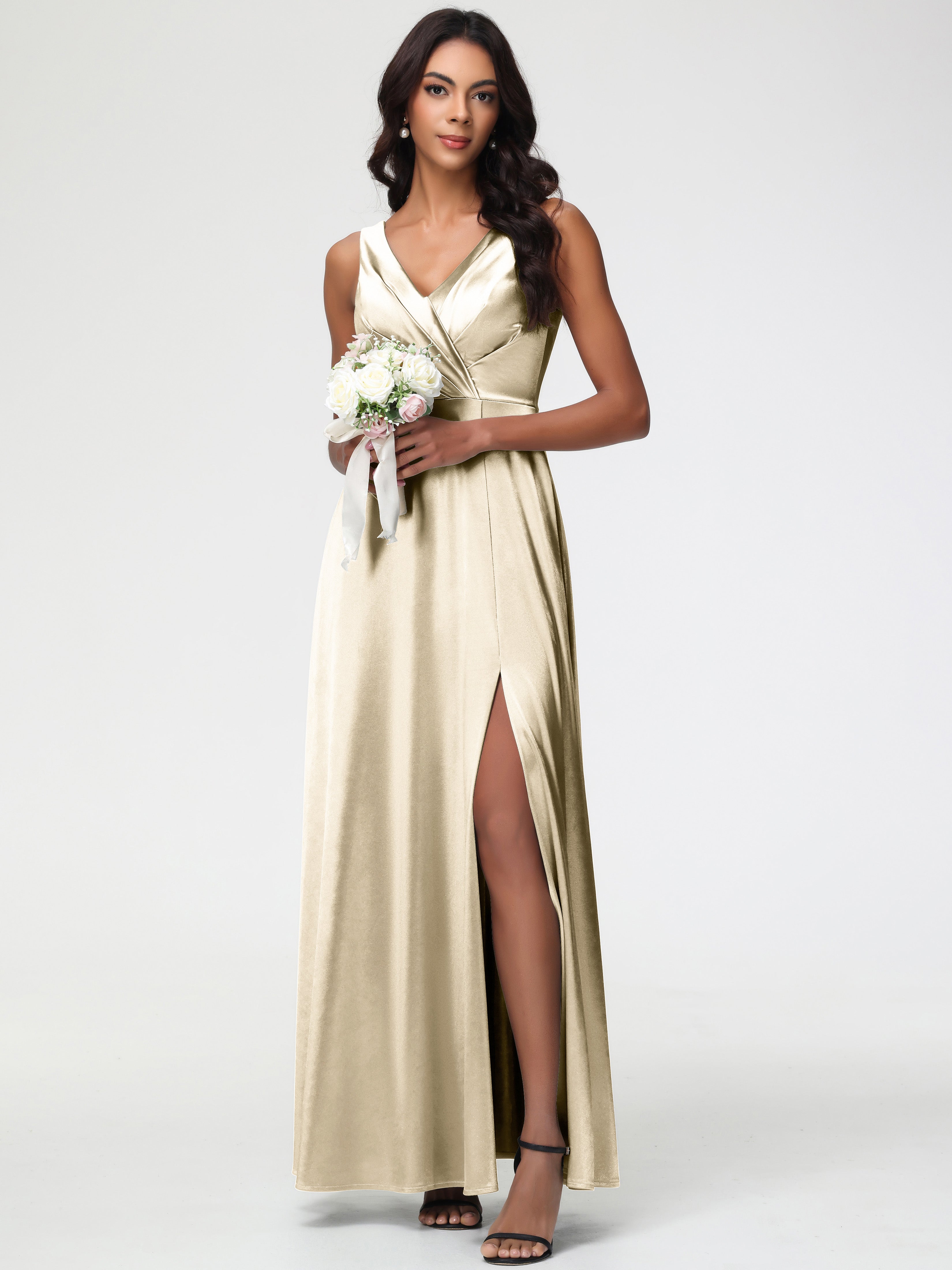 Robe De Demoiselle D Honneur Champagne Col V Bretelles épaisses Trapèze Satin Extensible Fendue Robe De Demoiselle D'Honneur