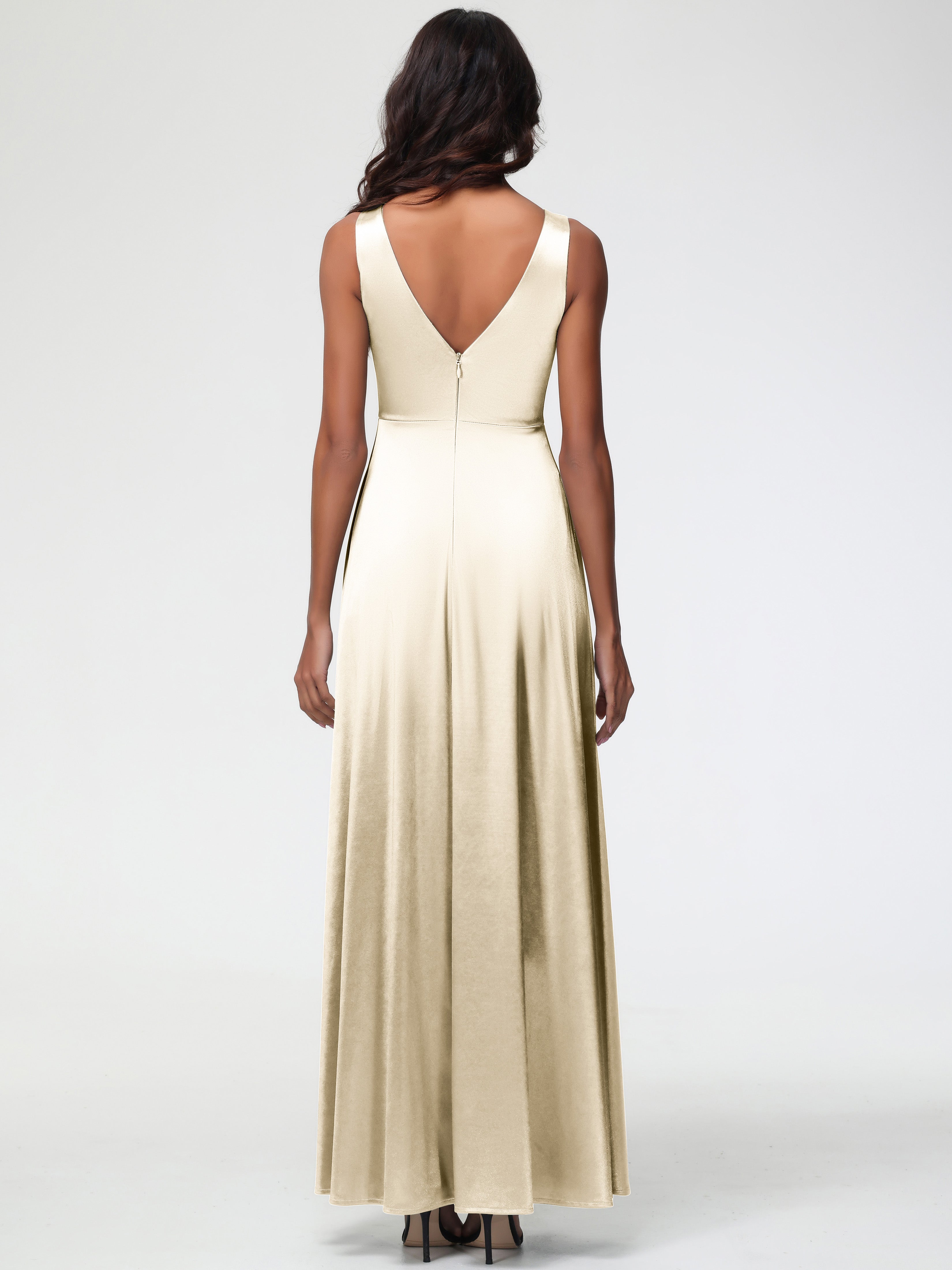 Robe De Demoiselle D Honneur Champagne Col V Bretelles épaisses Trapèze Satin Extensible Fendue Robe De Demoiselle D'Honneur