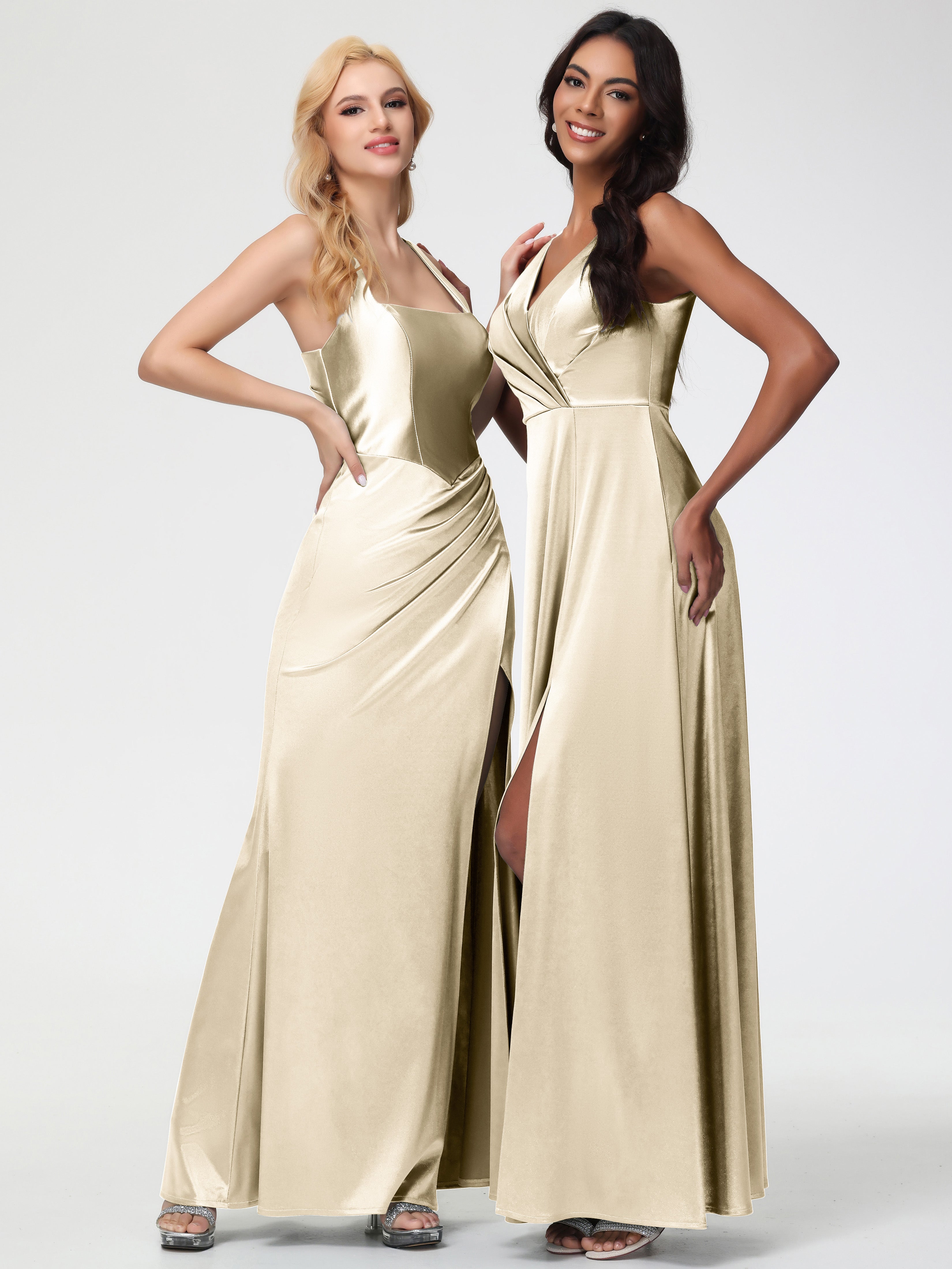 Robe De Demoiselle D Honneur Champagne Col V Bretelles épaisses Trapèze Satin Extensible Fendue Robe De Demoiselle D'Honneur