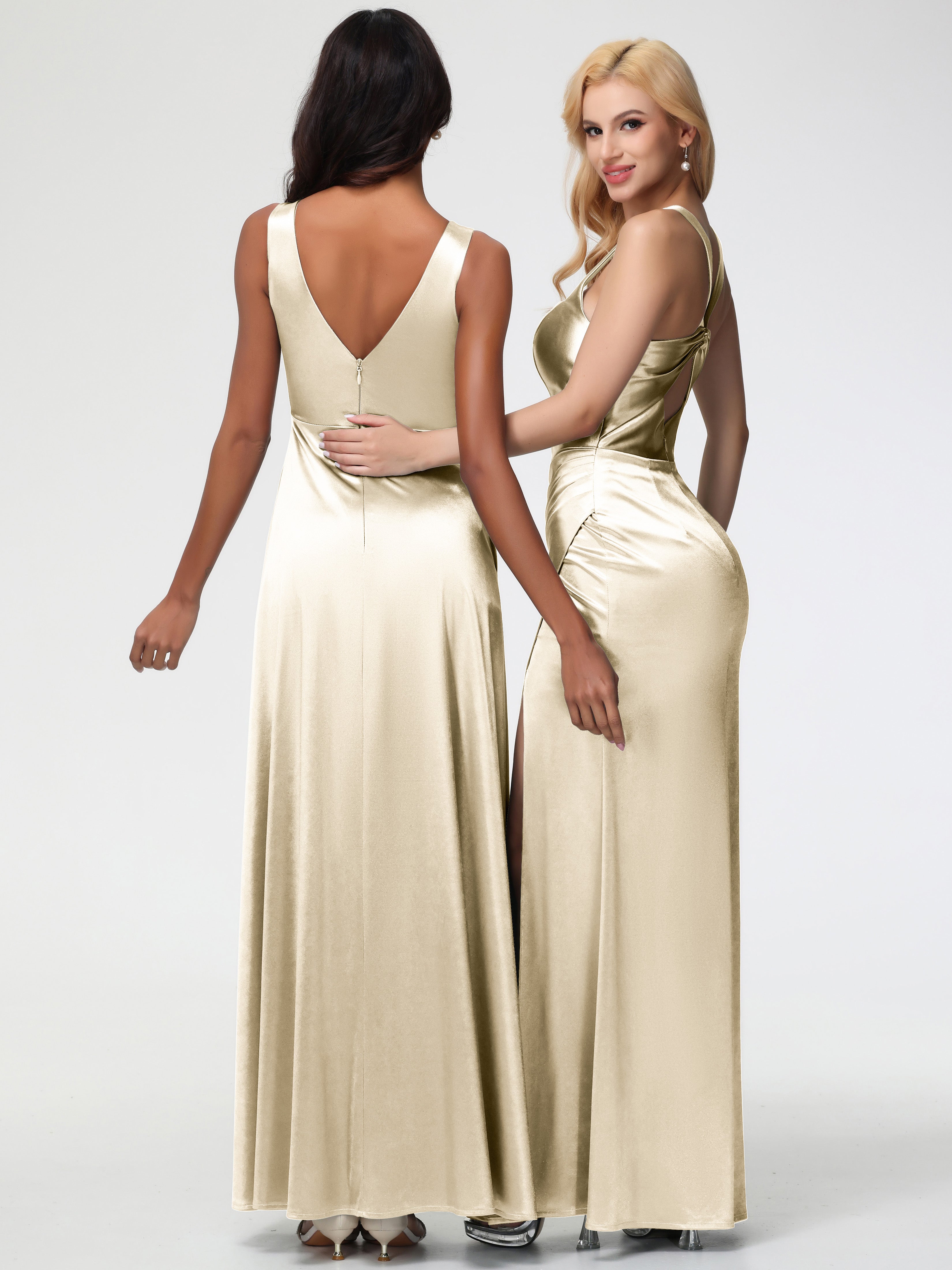 Robe De Demoiselle D Honneur Champagne Col V Bretelles épaisses Trapèze Satin Extensible Fendue Robe De Demoiselle D'Honneur