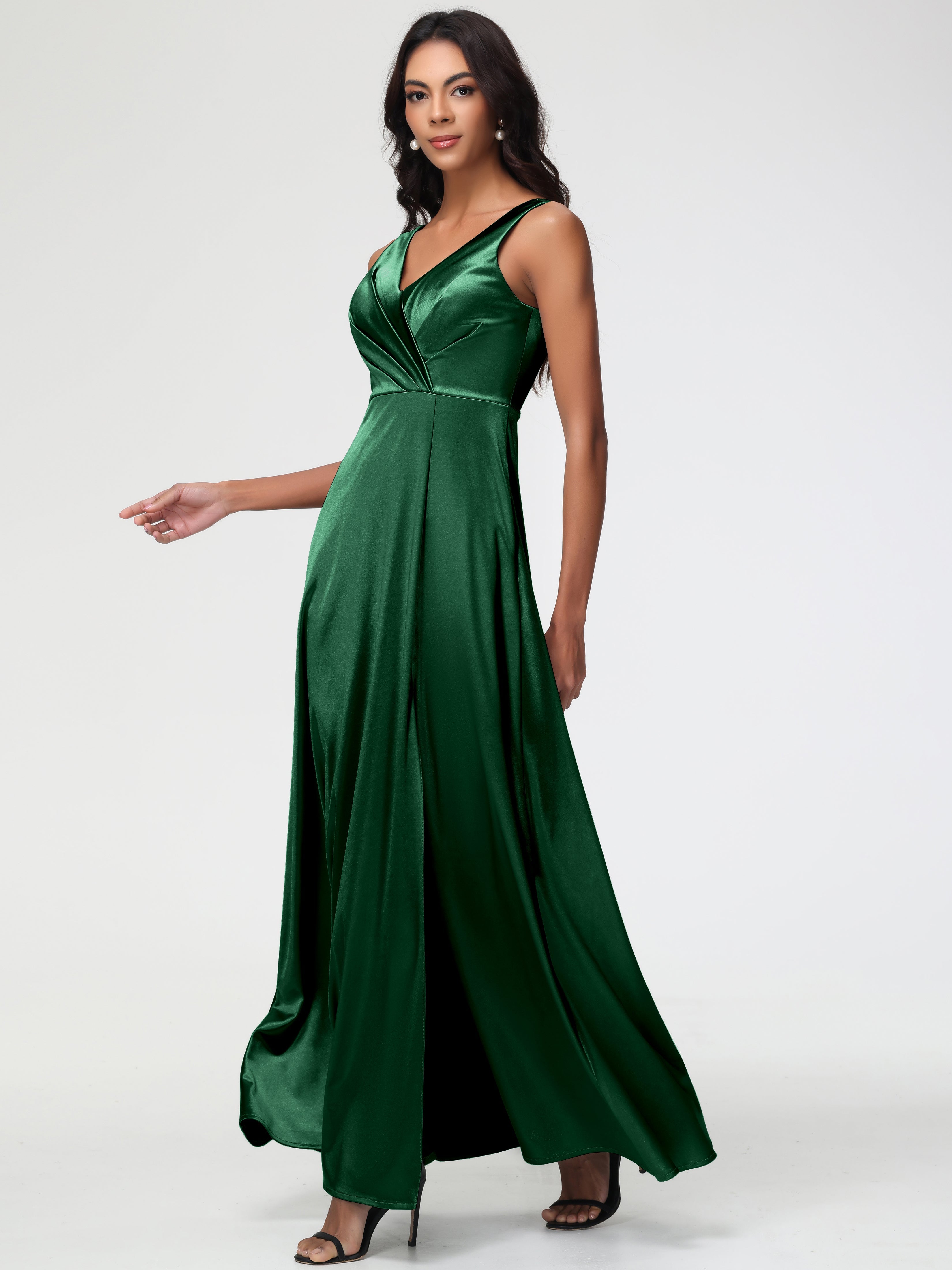 Robes De Demoiselle D'Honneur VERT FONCÉ Col V Bretelles épaisses Trapèze Satin Extensible Fendue