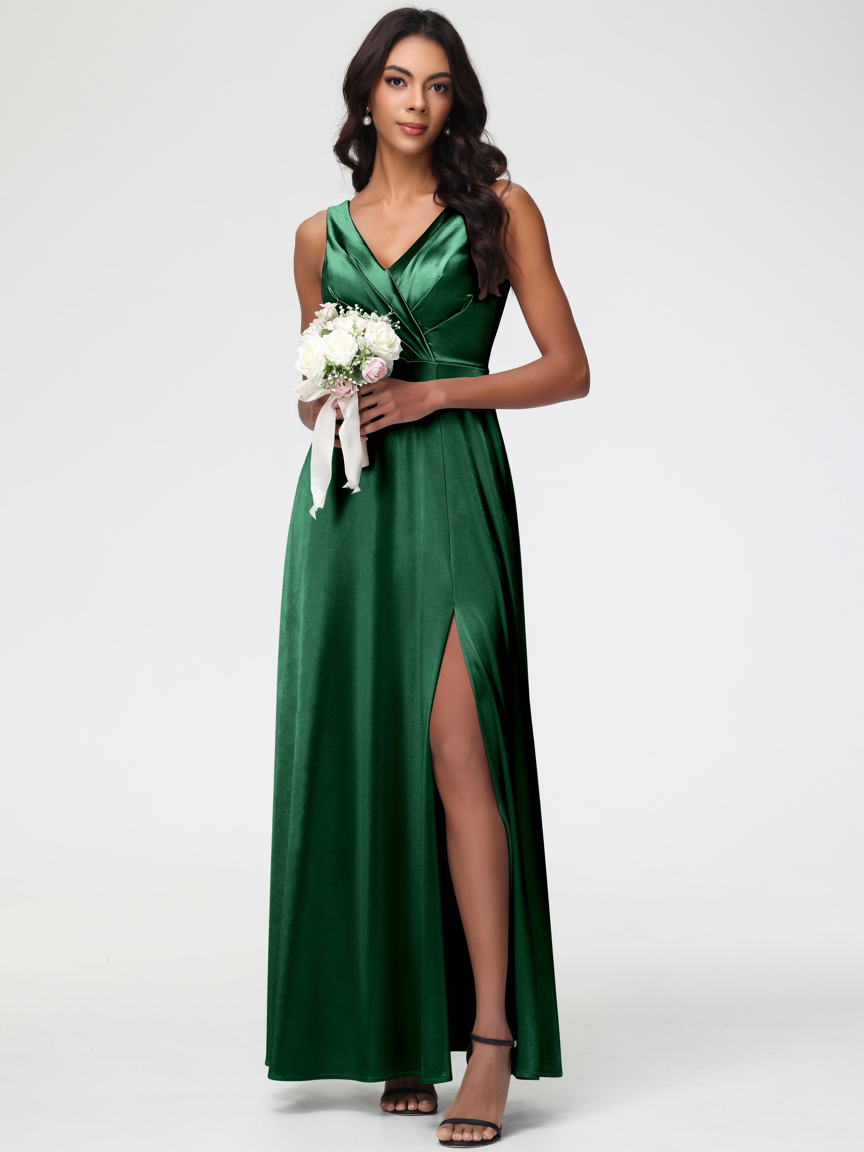Robes De Demoiselle D'Honneur VERT FONCÉ Col V Bretelles épaisses Trapèze Satin Extensible Fendue