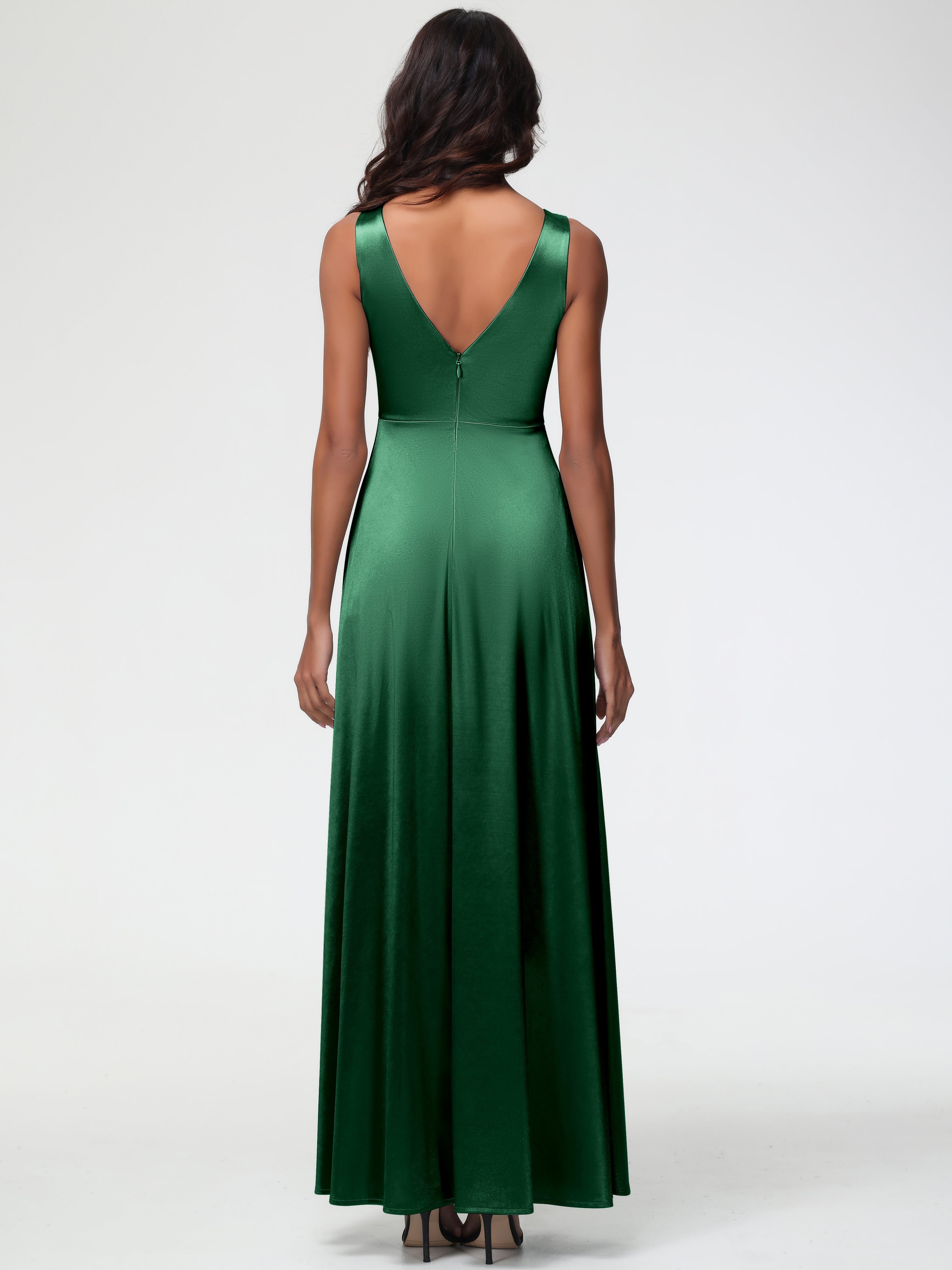 Robes De Demoiselle D'Honneur VERT FONCÉ Col V Bretelles épaisses Trapèze Satin Extensible Fendue