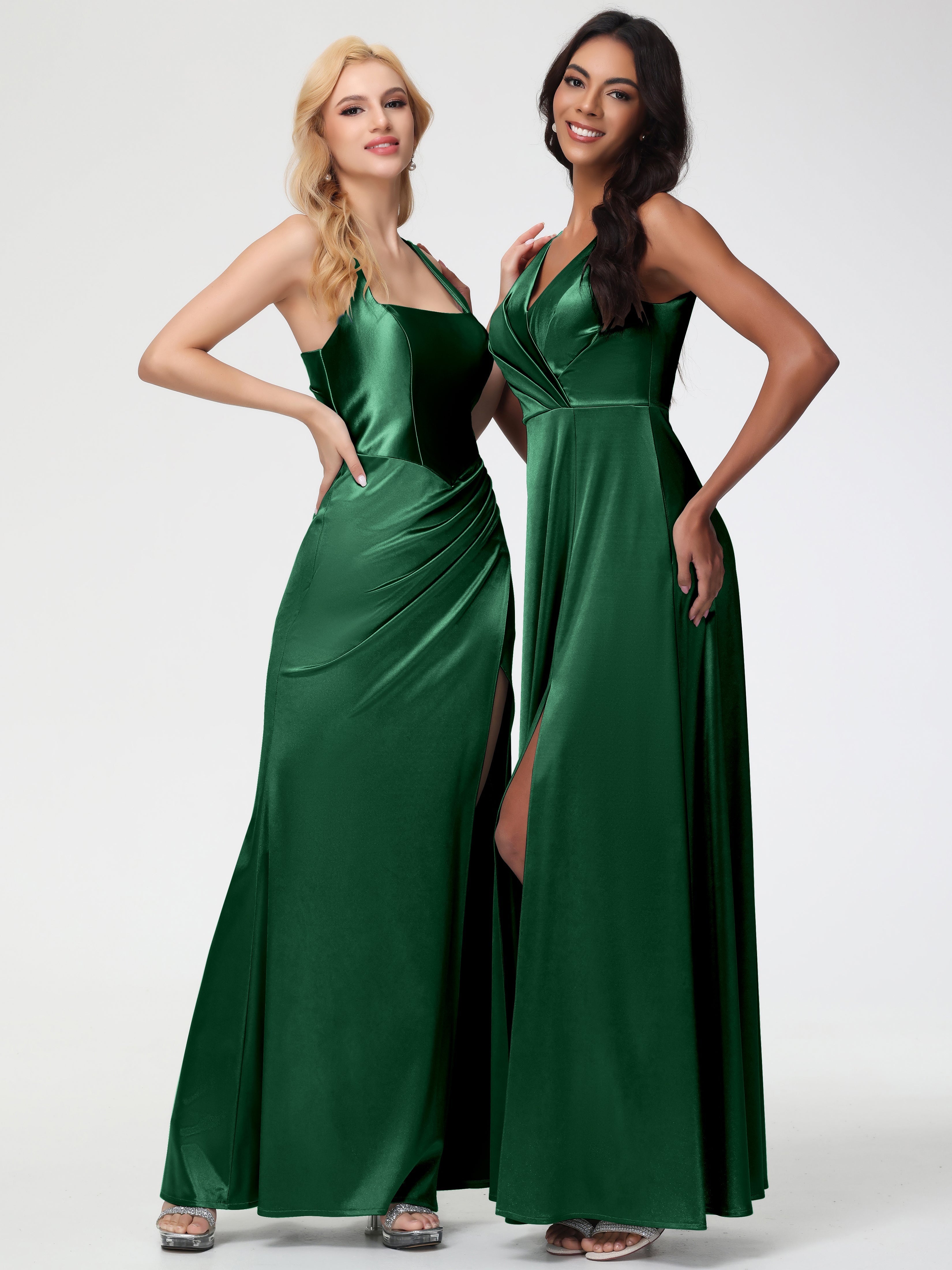 Robes De Demoiselle D'Honneur VERT FONCÉ Col V Bretelles épaisses Trapèze Satin Extensible Fendue