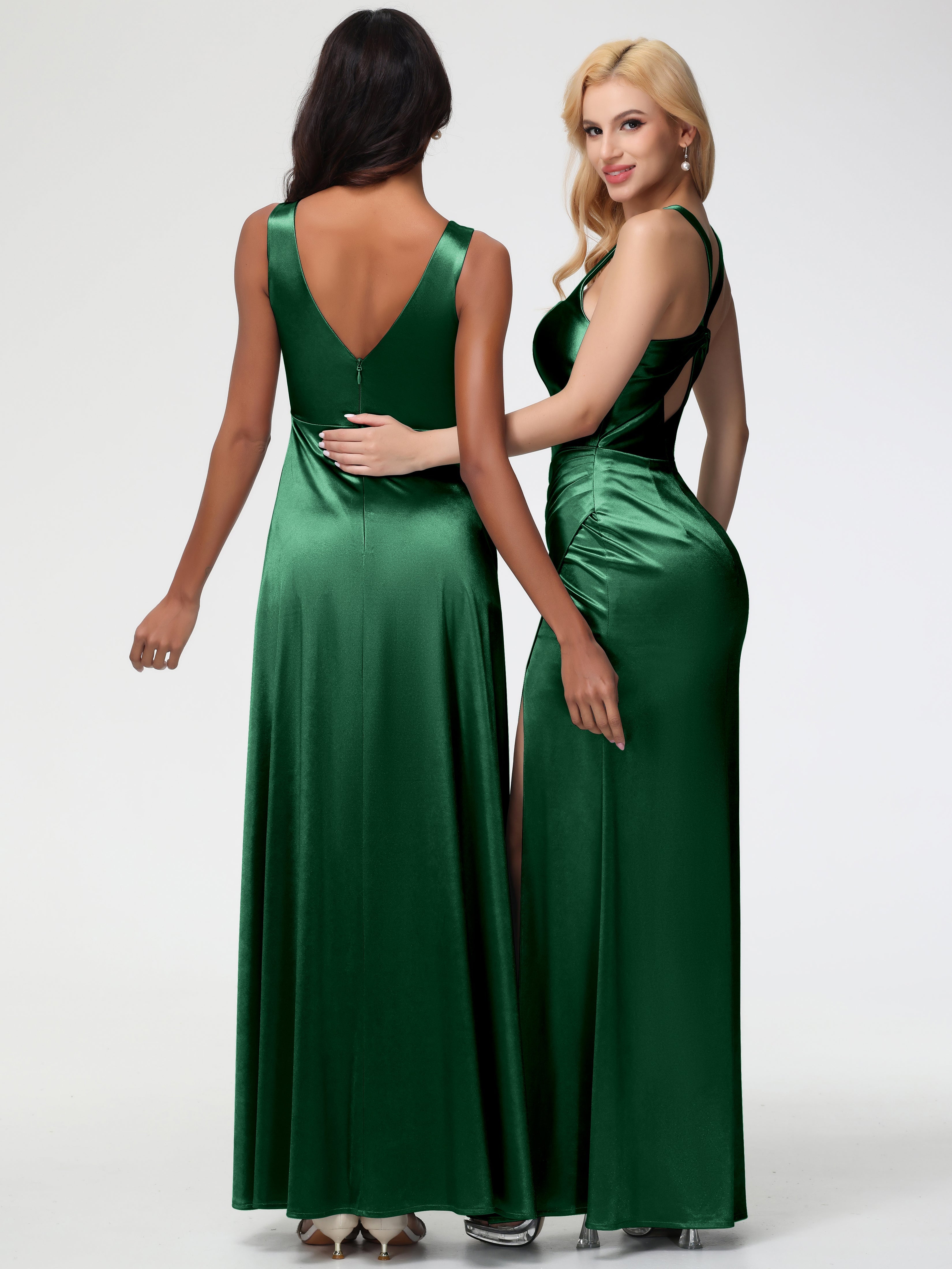 Robes De Demoiselle D'Honneur VERT FONCÉ Col V Bretelles épaisses Trapèze Satin Extensible Fendue