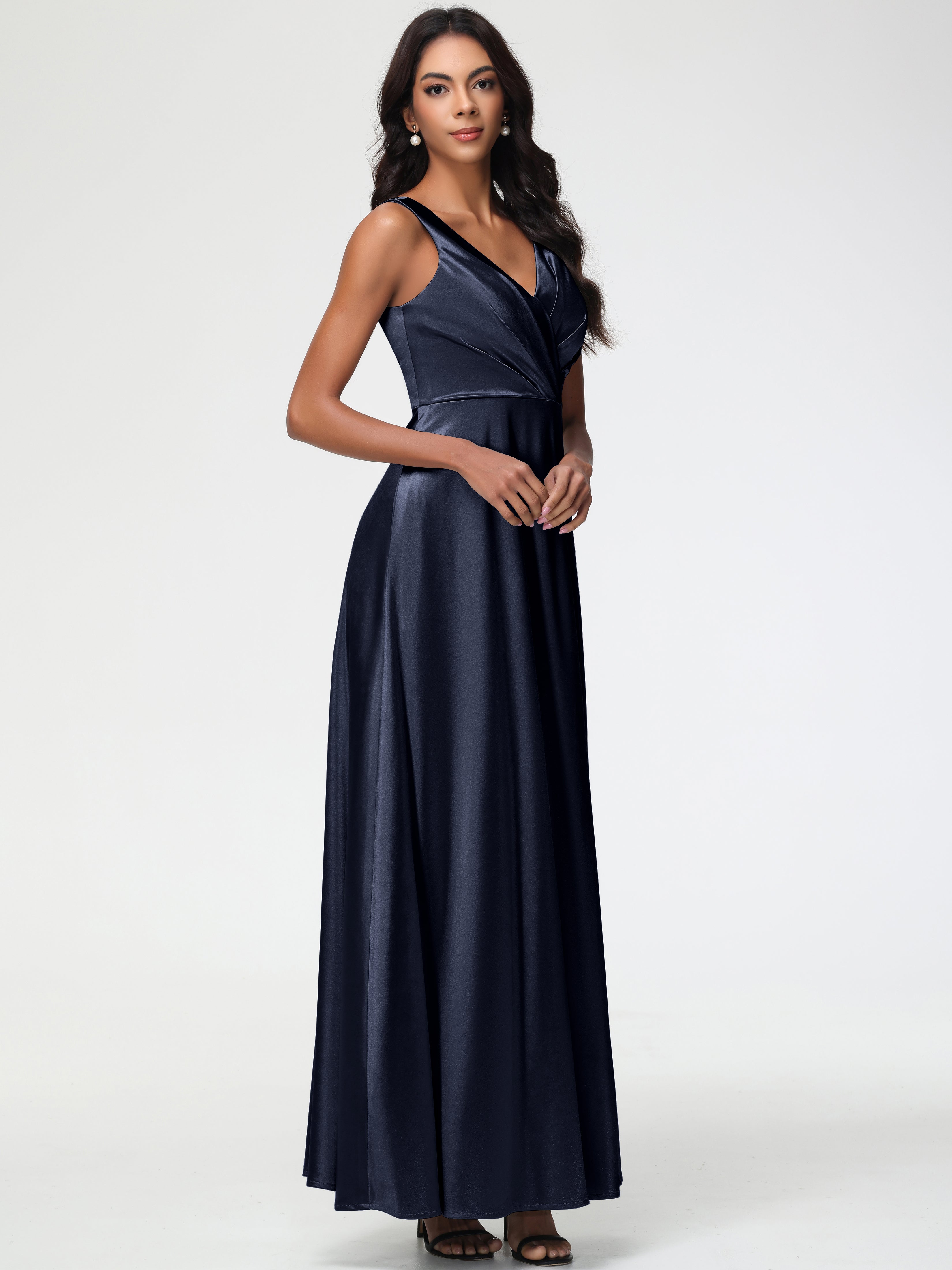 Robe Demoiselle D Honneur Bleue Marine Col V Bretelles épaisses Trapèze Satin Extensible Fendue Robe De Demoiselle D'Honneur